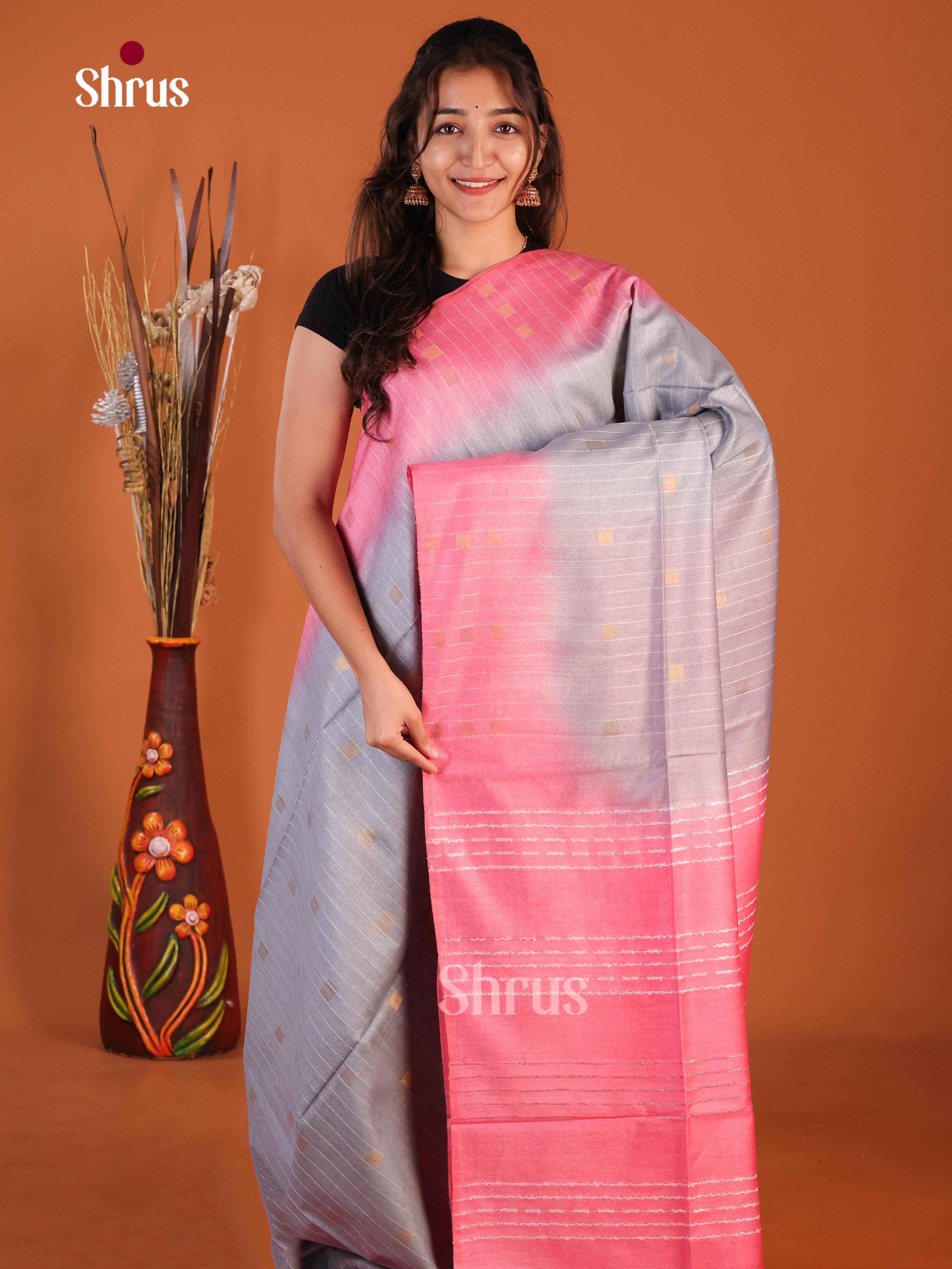 Grey & Pink - Semi Tussar Saree
