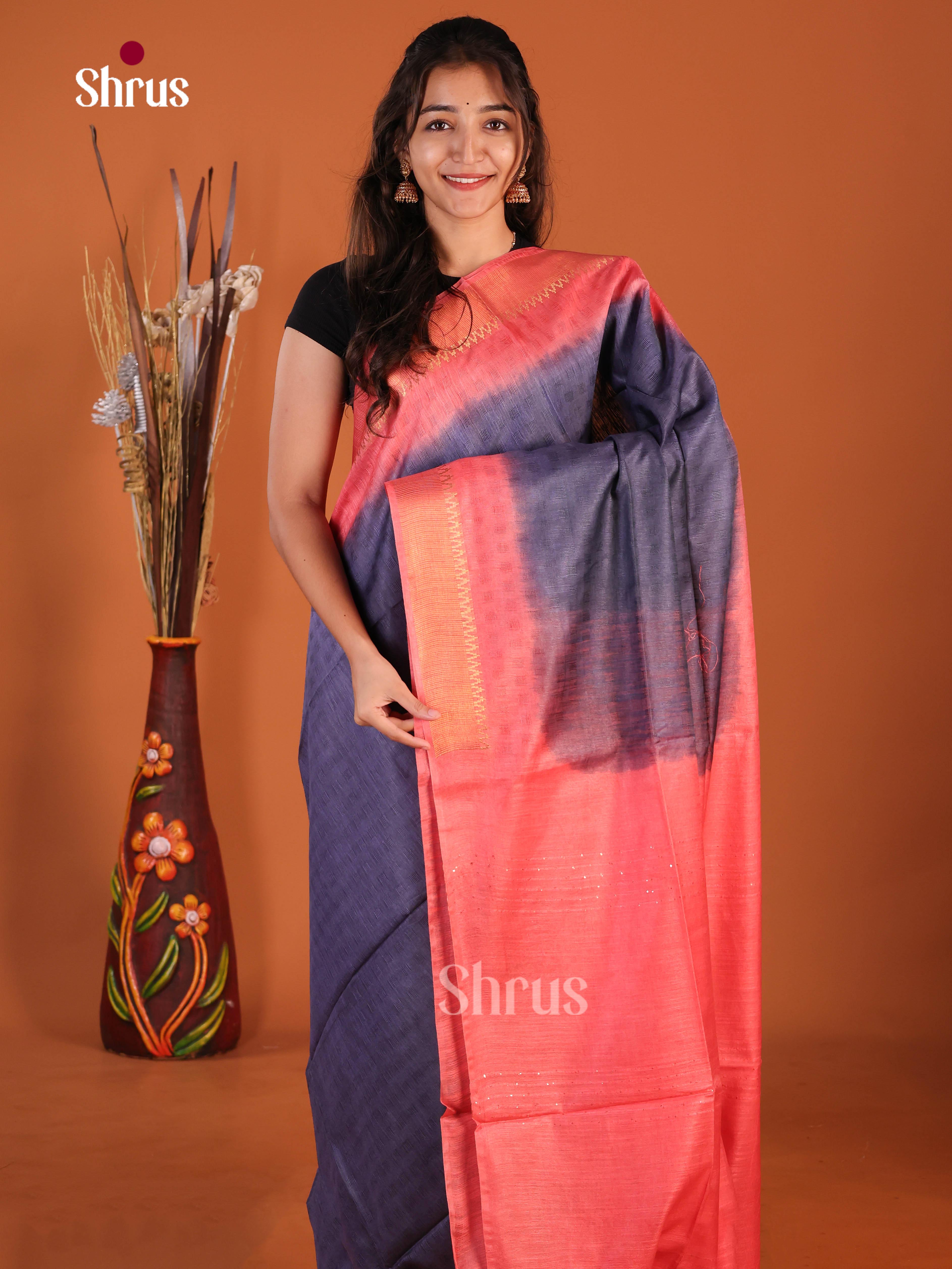 Blue & Orangish Pink - Semi Tussar Saree