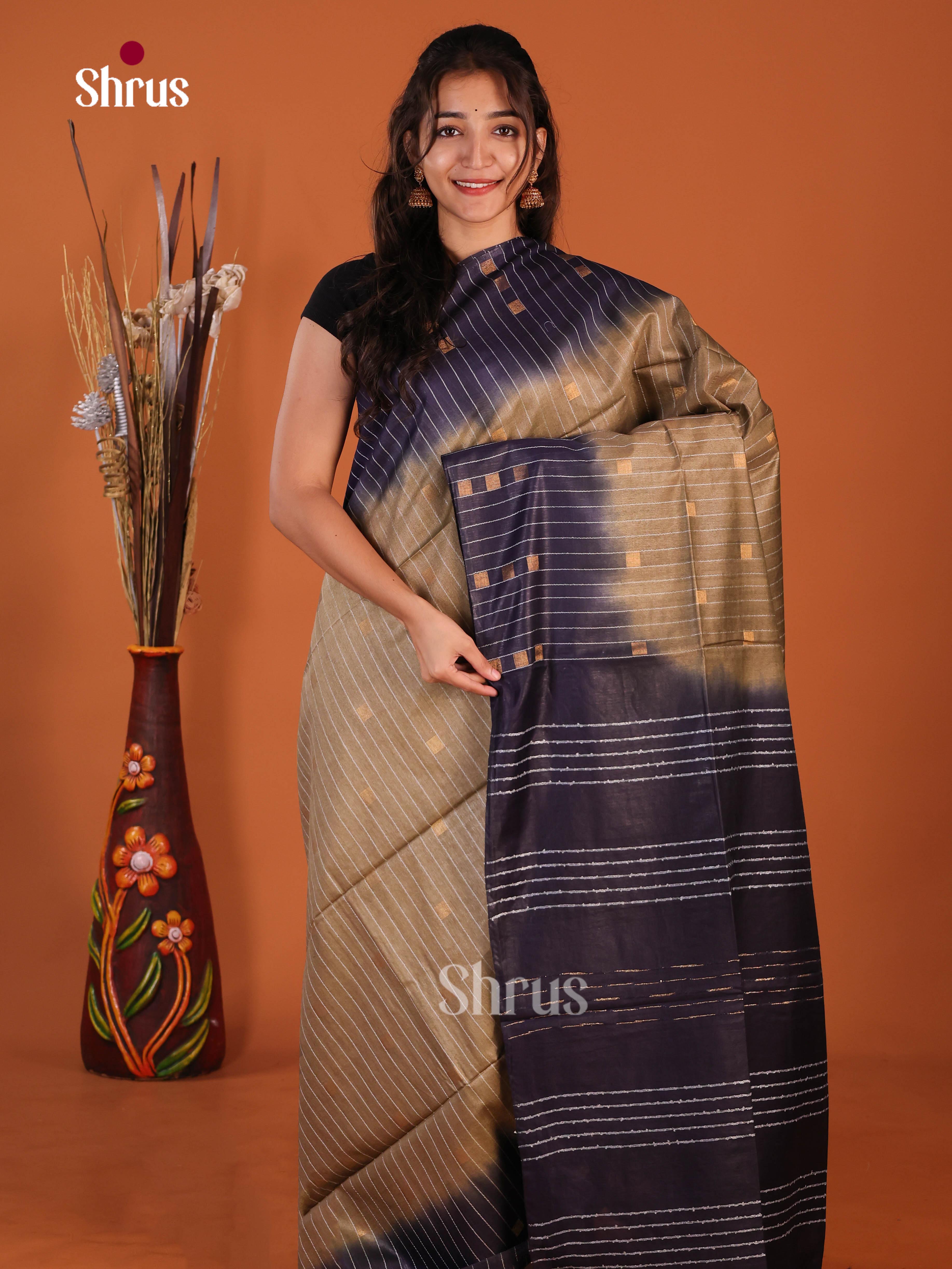 Light Brown & Blue- Semi Tussar Saree