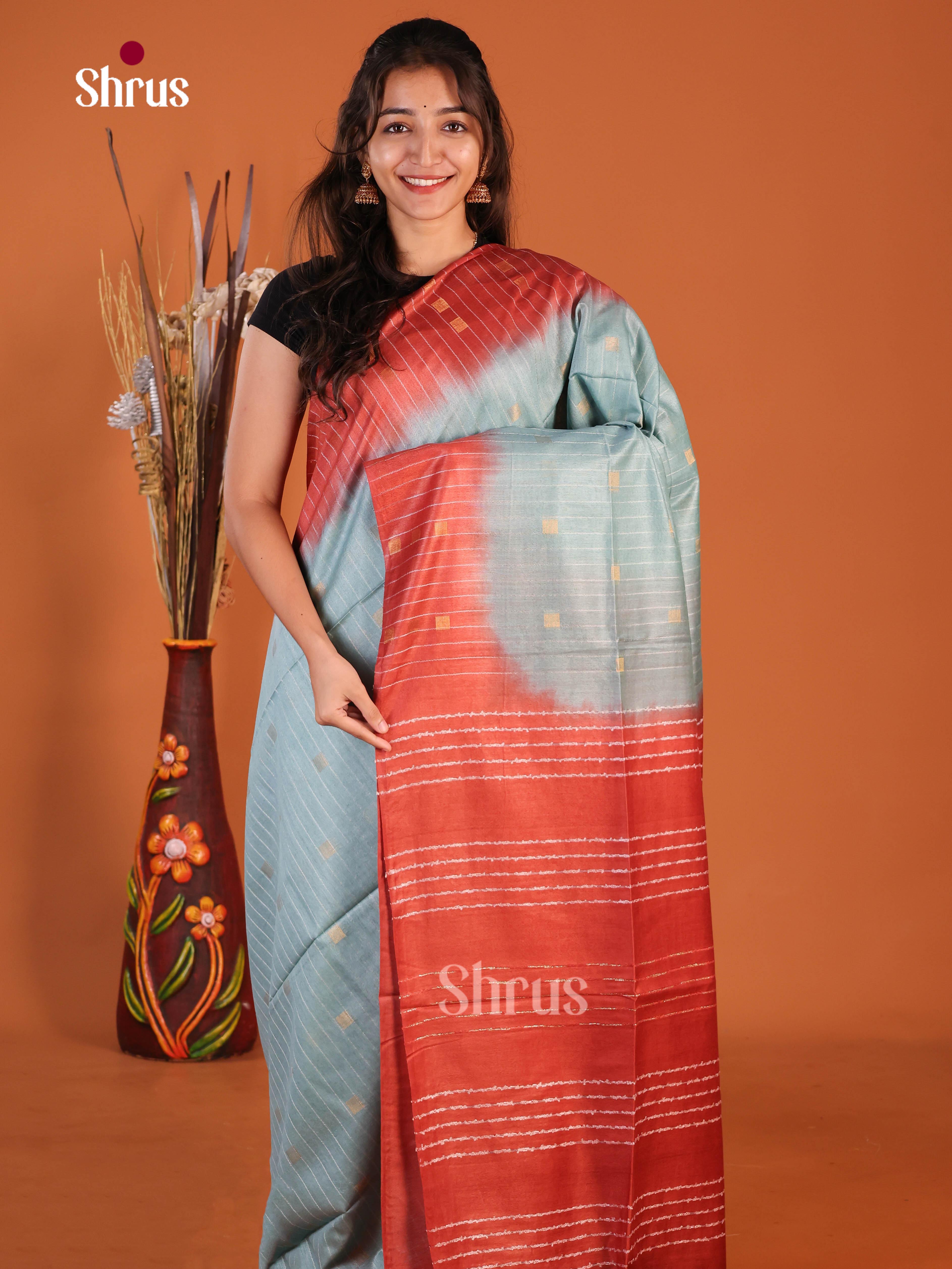 Greyish Blue & Red - Semi Tussar Saree