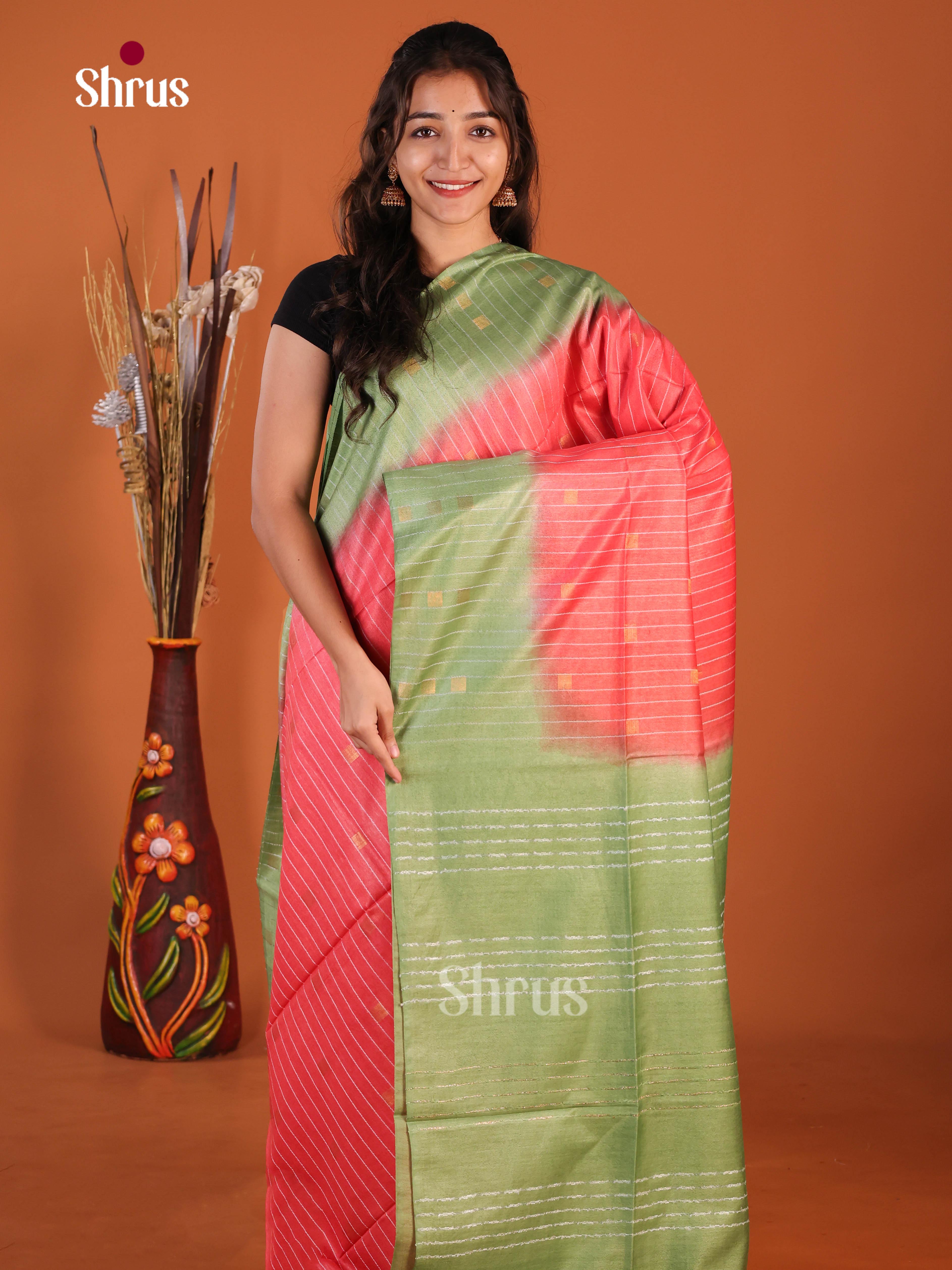 Peachish Pink & Green - Semi Tussar Saree
