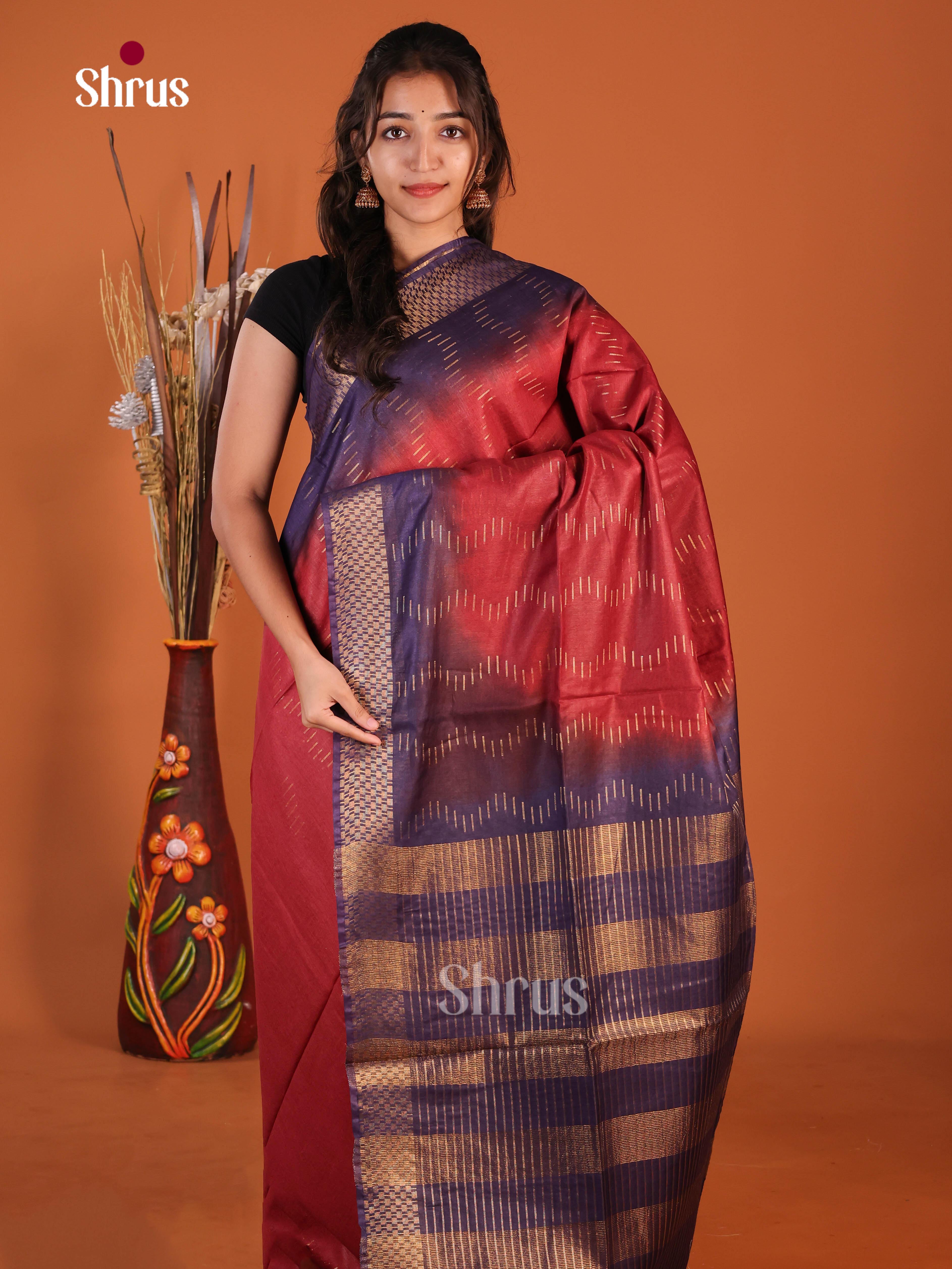 Maroon & Blue - Semi Tussar Saree