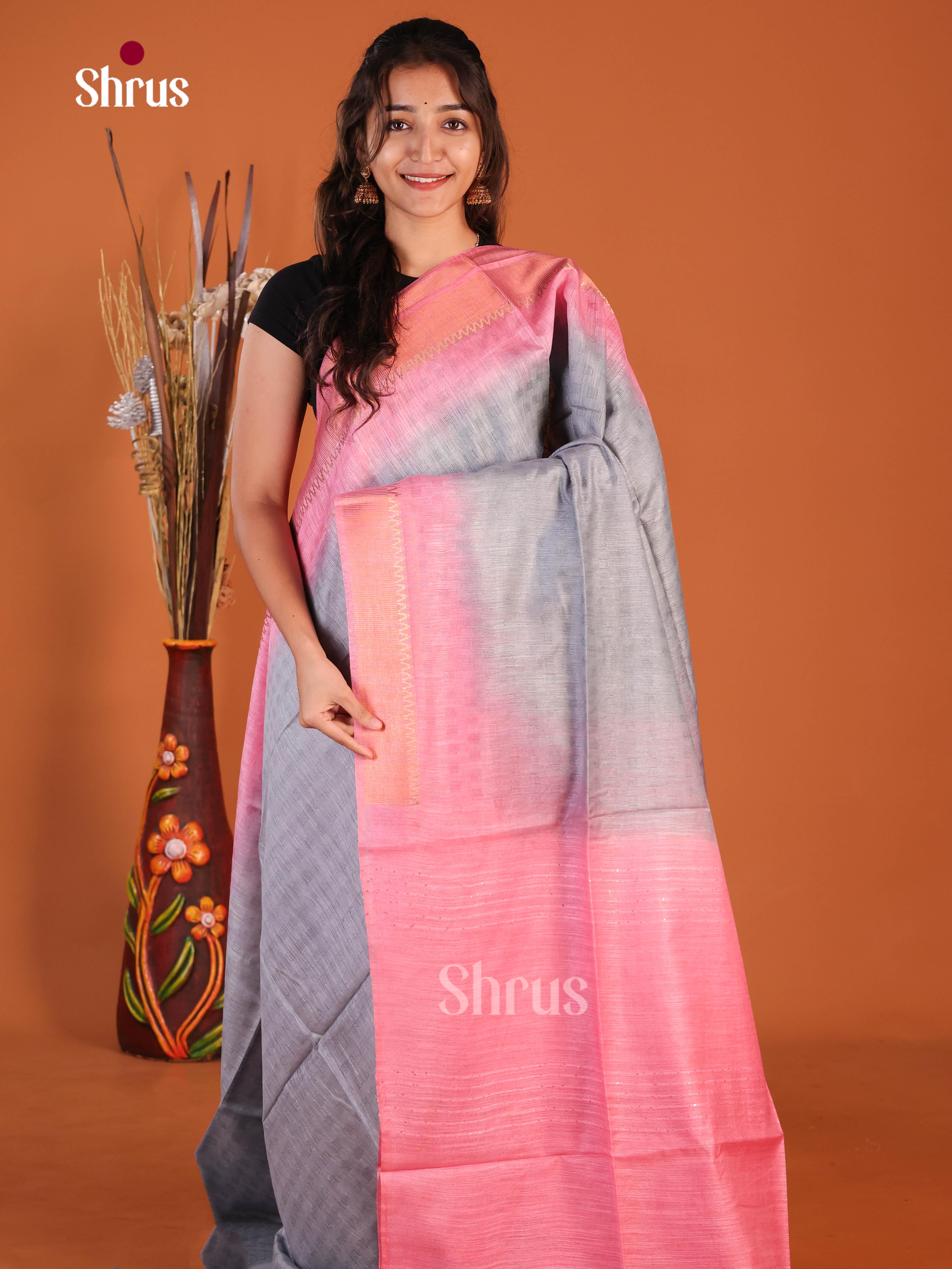 Grey & Pink - Semi Tussar Saree