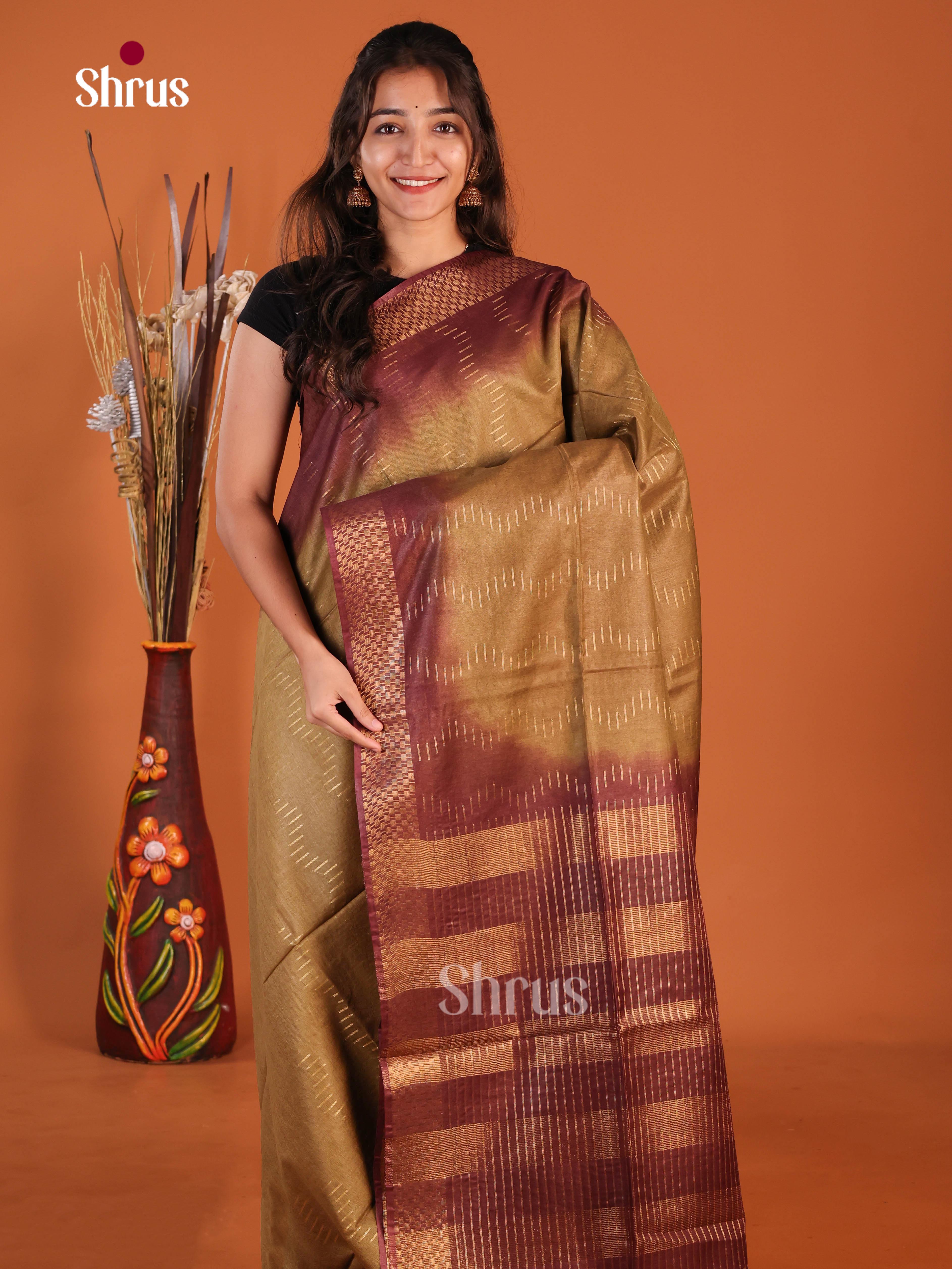 Dark Mustard & Maroon - Semi Tussar Saree