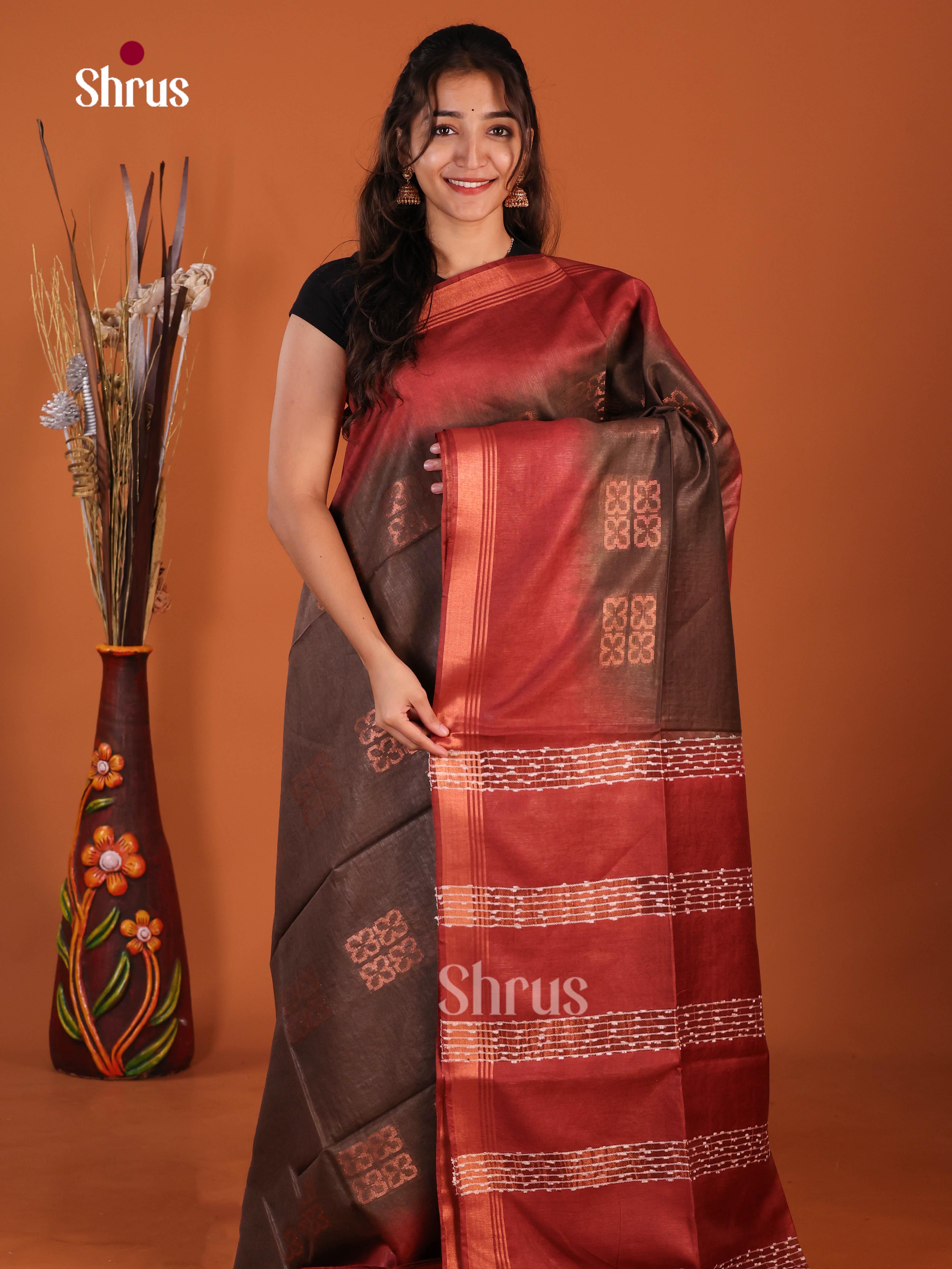 Brown & Red - Semi Tussar Saree