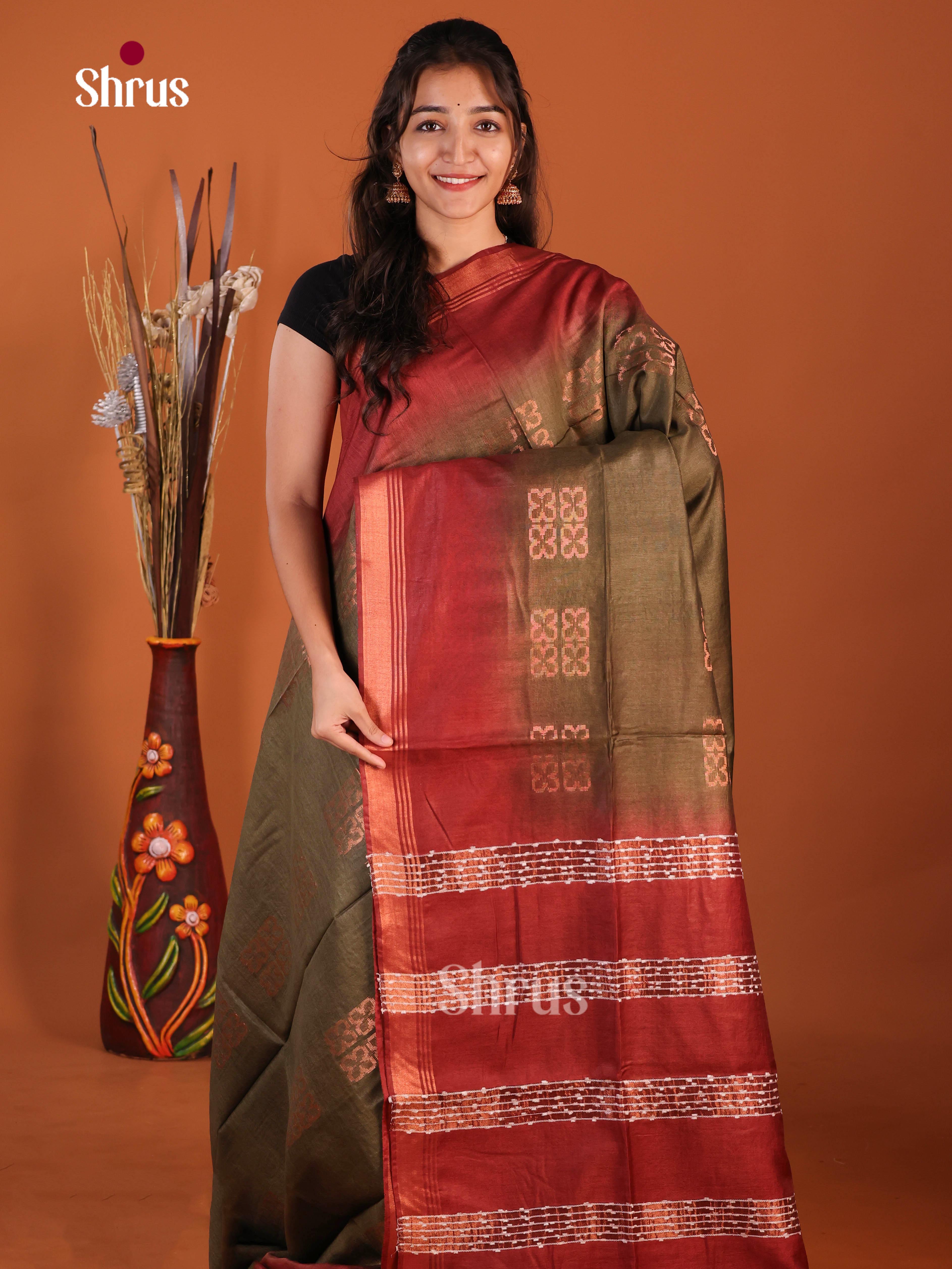army Green & Red - Semi Tussar Saree