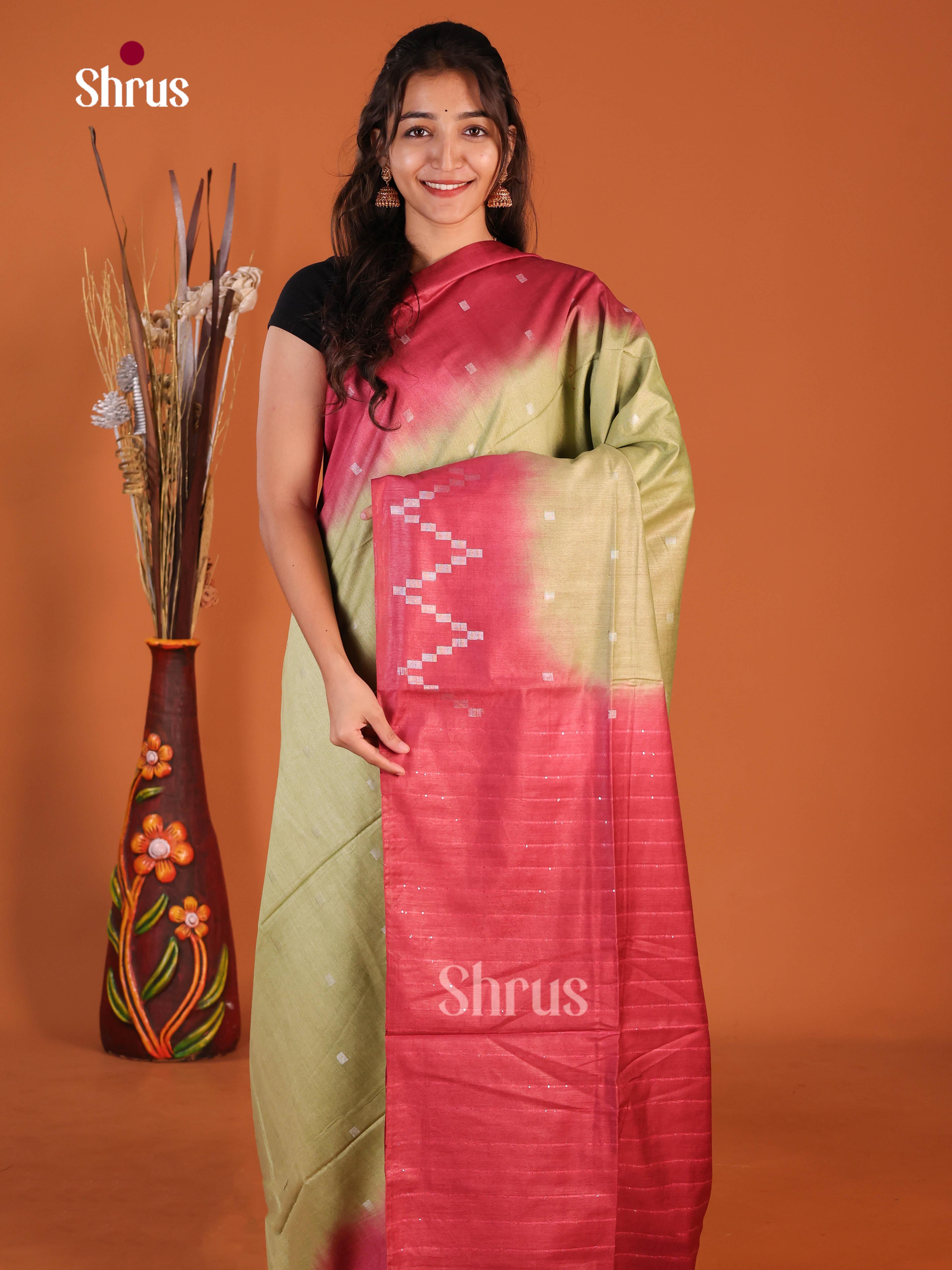 Pista Green & Red - Semi Tussar Saree