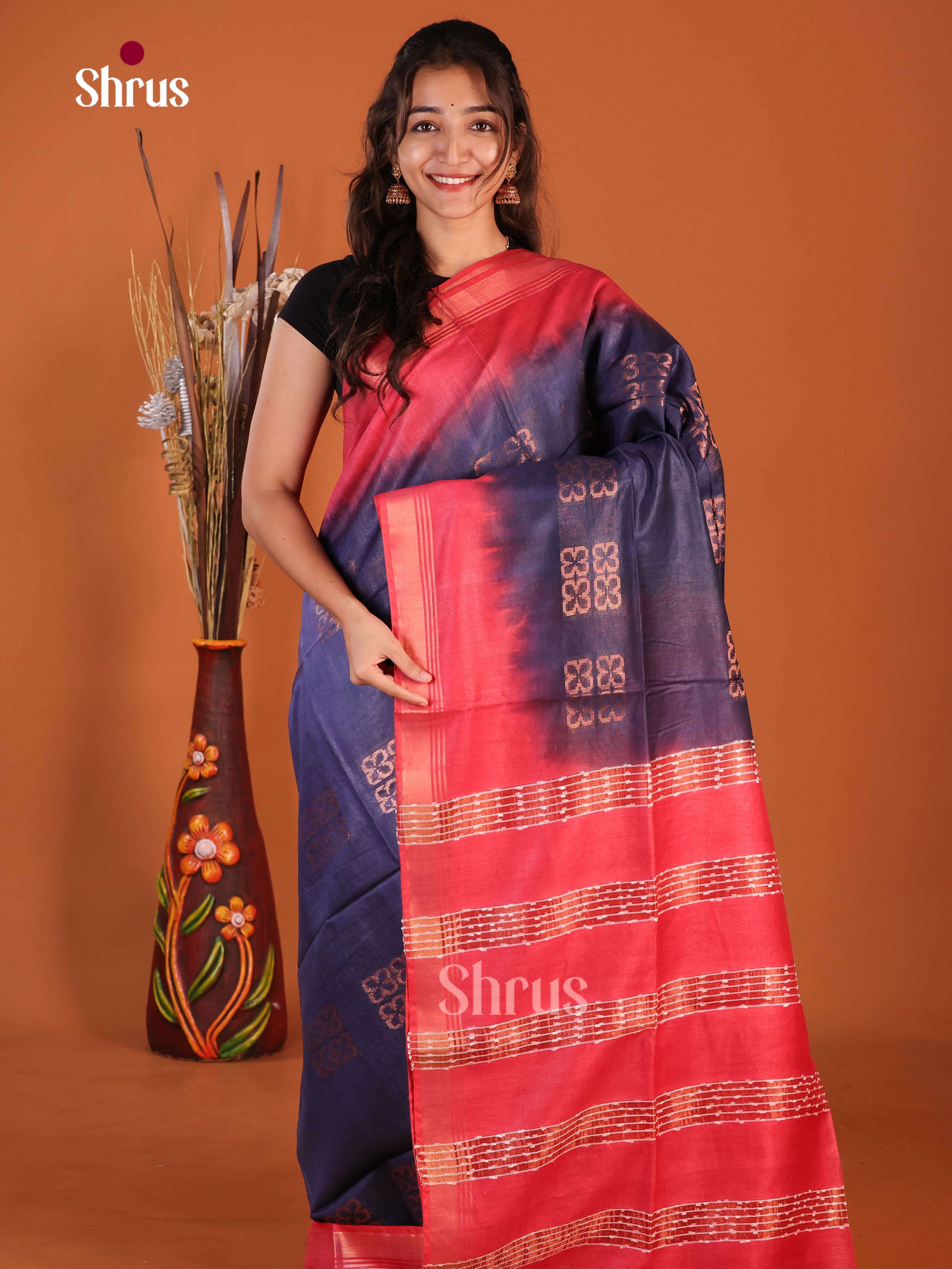 Blue & Red - Semi Tussar Saree