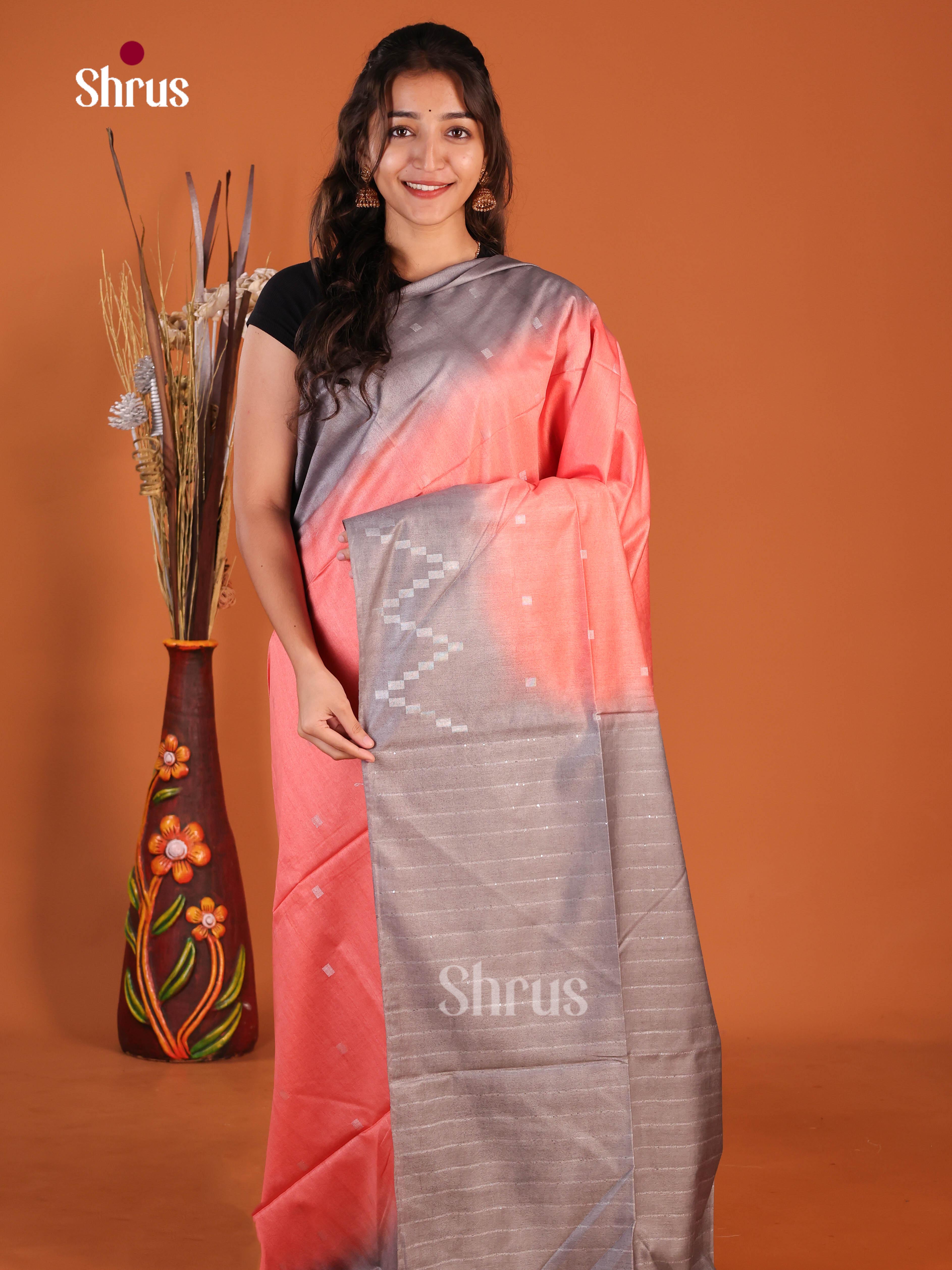 Peachish Pink & Grey - Semi Tussar Saree