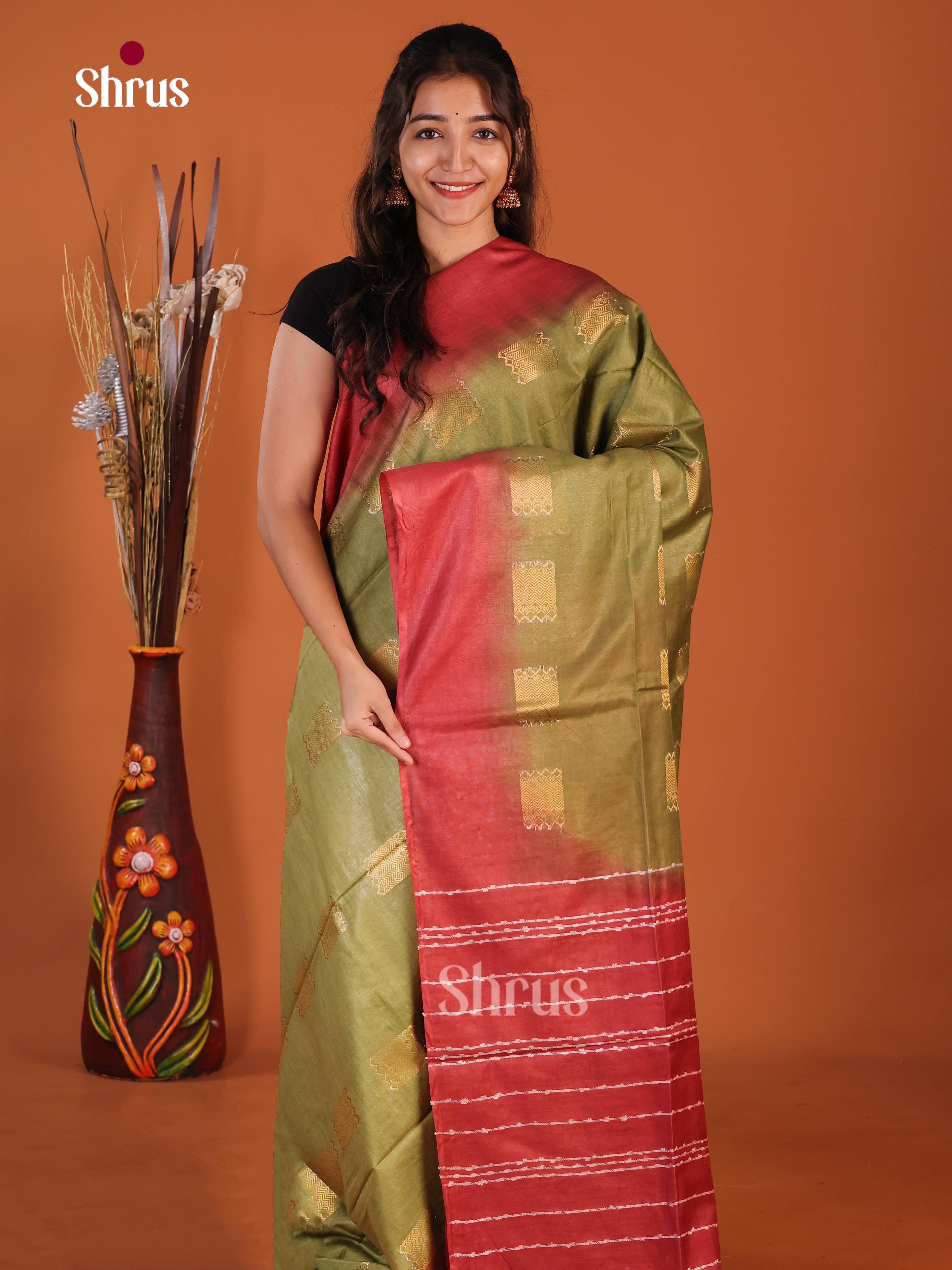Green & Red - Semi Tussar Saree