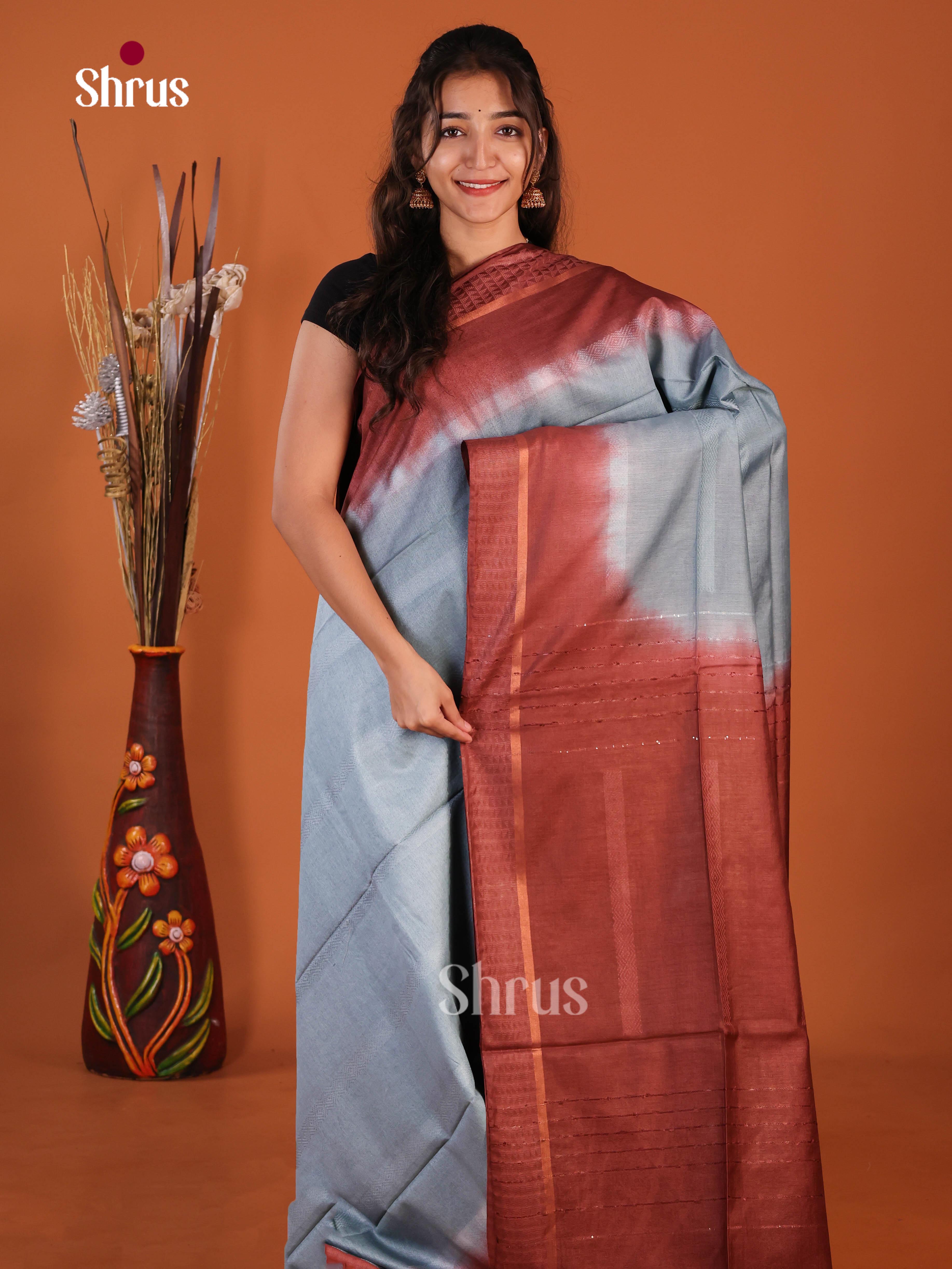 Grey & Maroon - Semi Tussar Saree