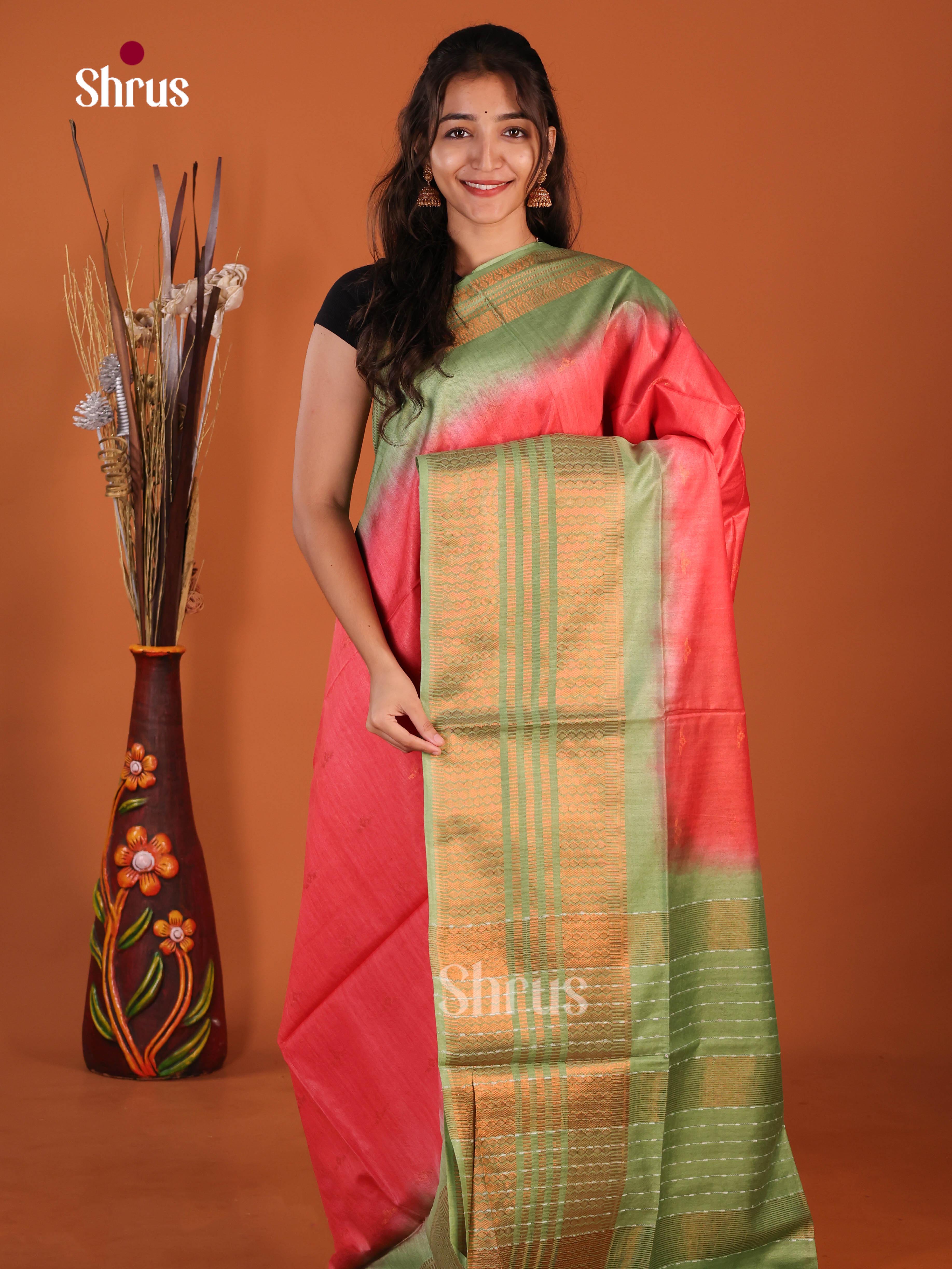 Orangish Pink & Green - Semi Tussar Saree
