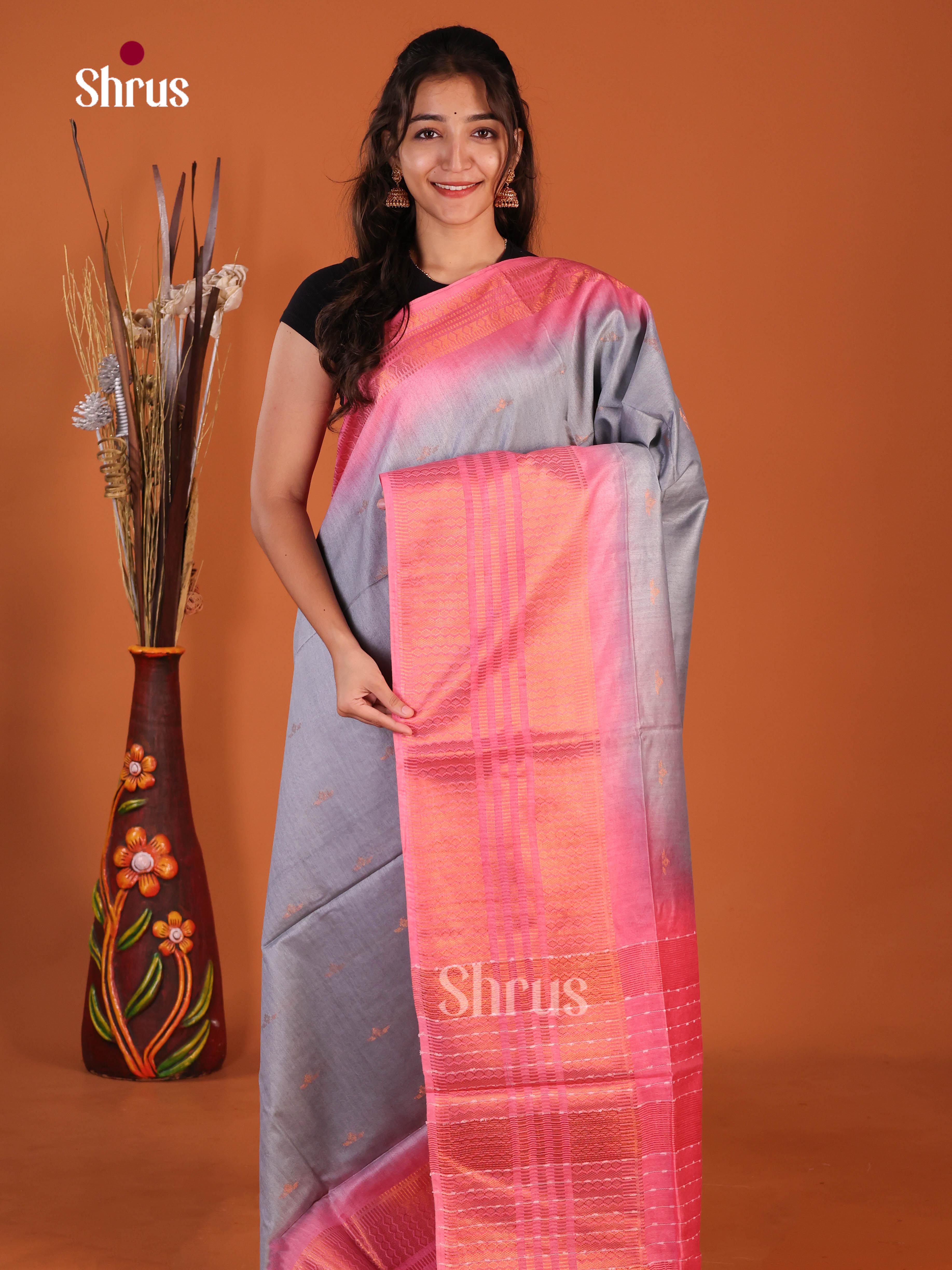 Grey & Pink - Semi Tussar Saree