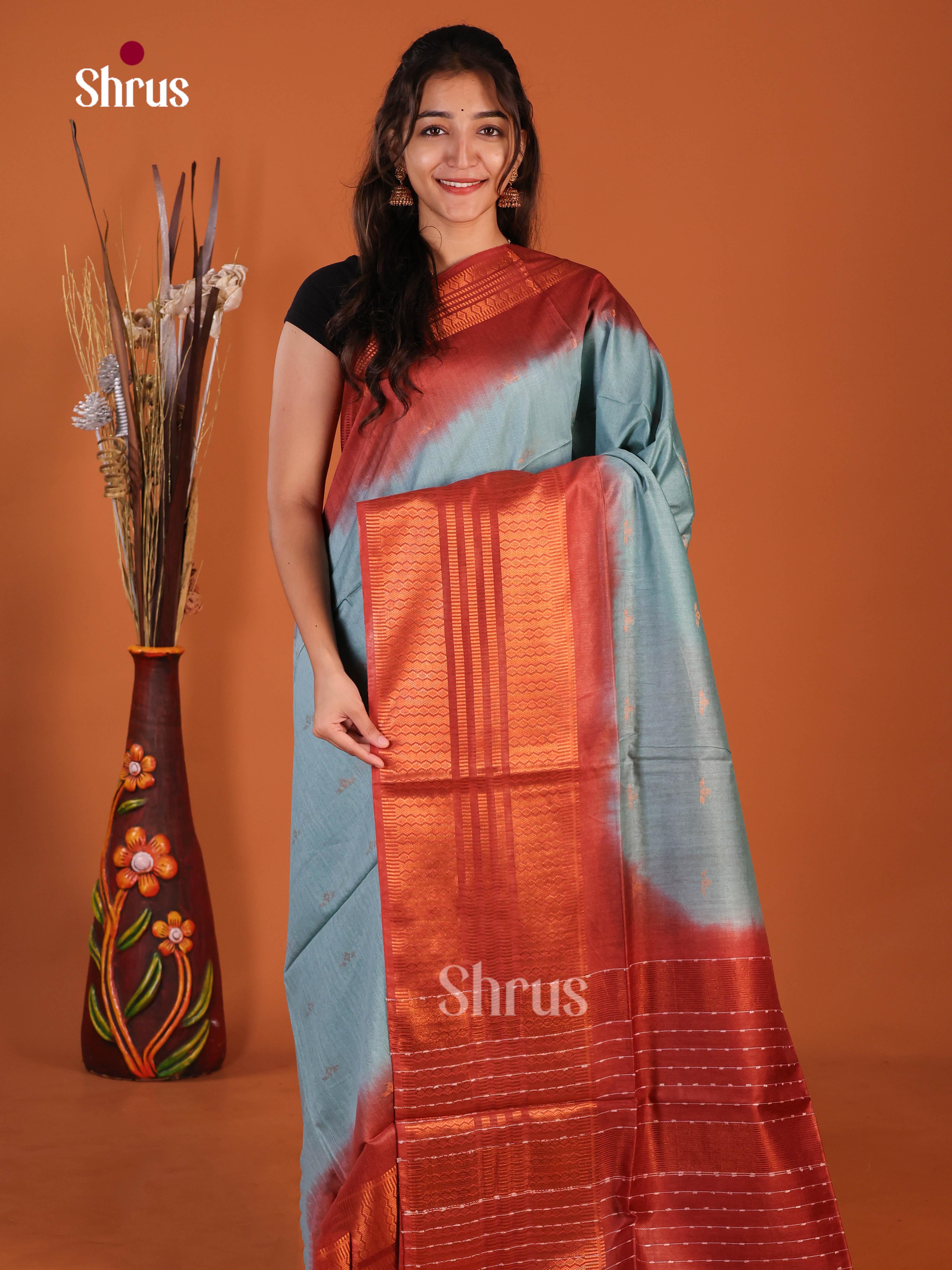 Blue & Red - Semi Tussar Saree
