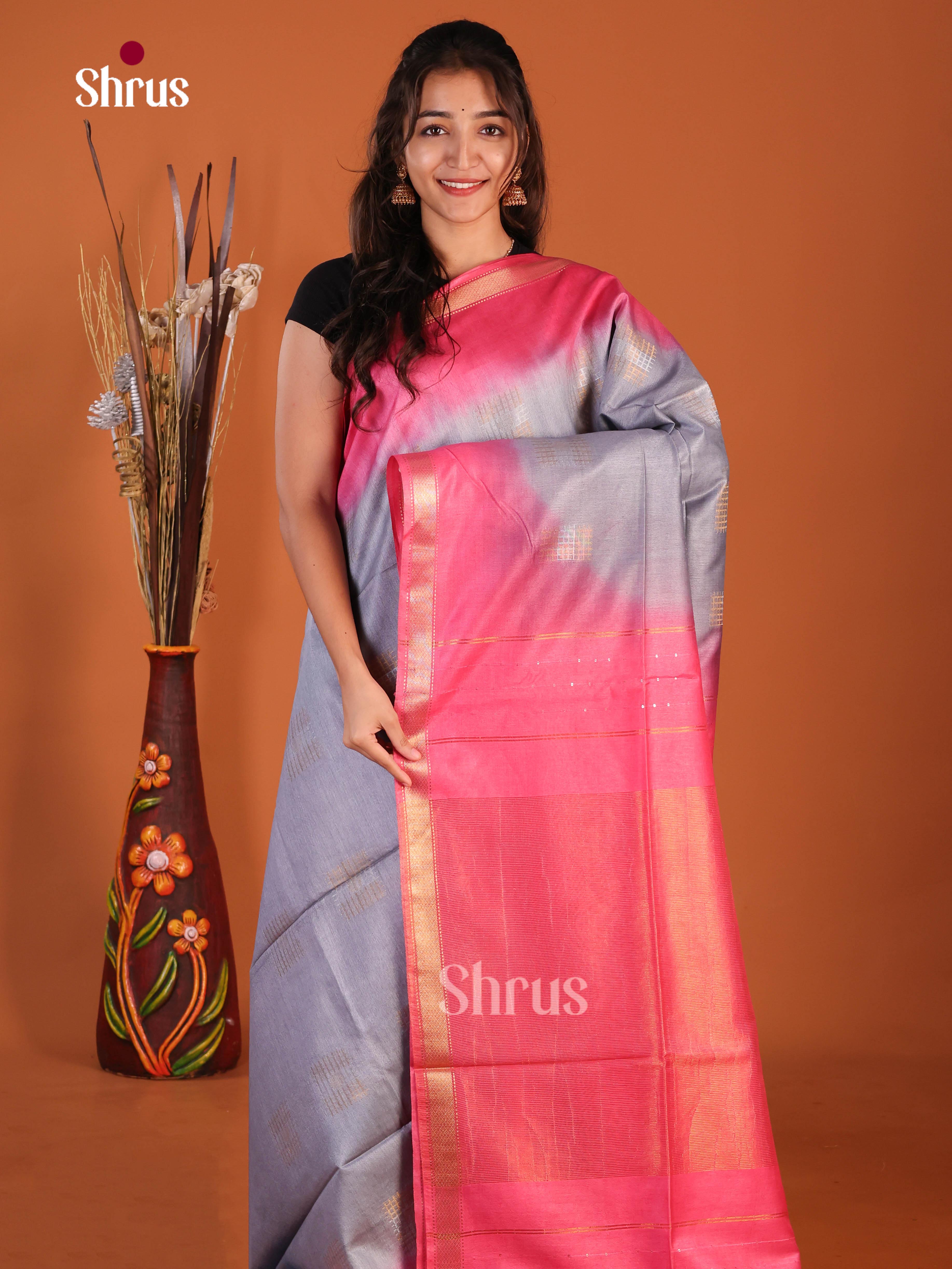 Grey & Pink - Semi Tussar Saree