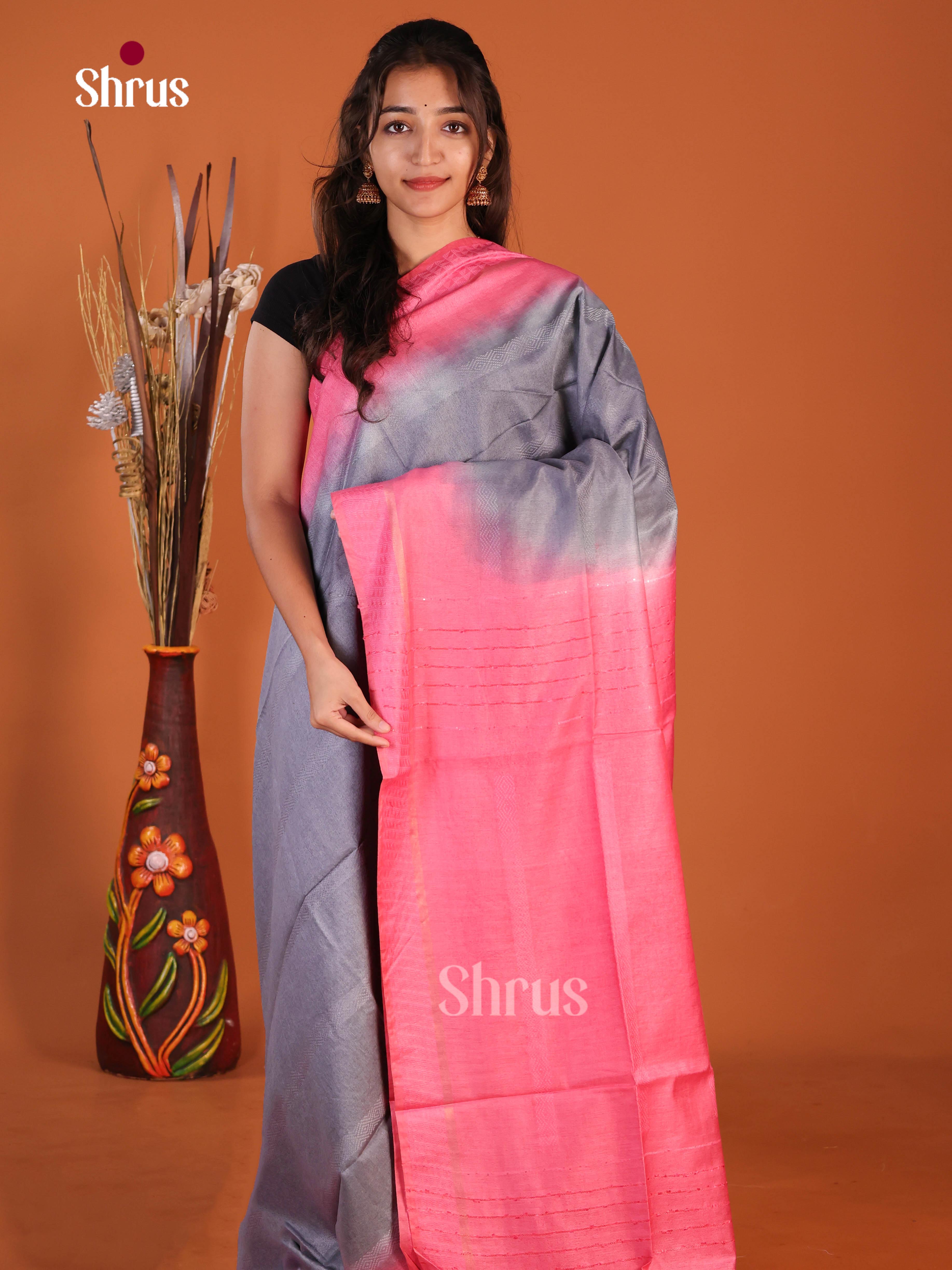 Grey & Pink - Semi Tussar Saree