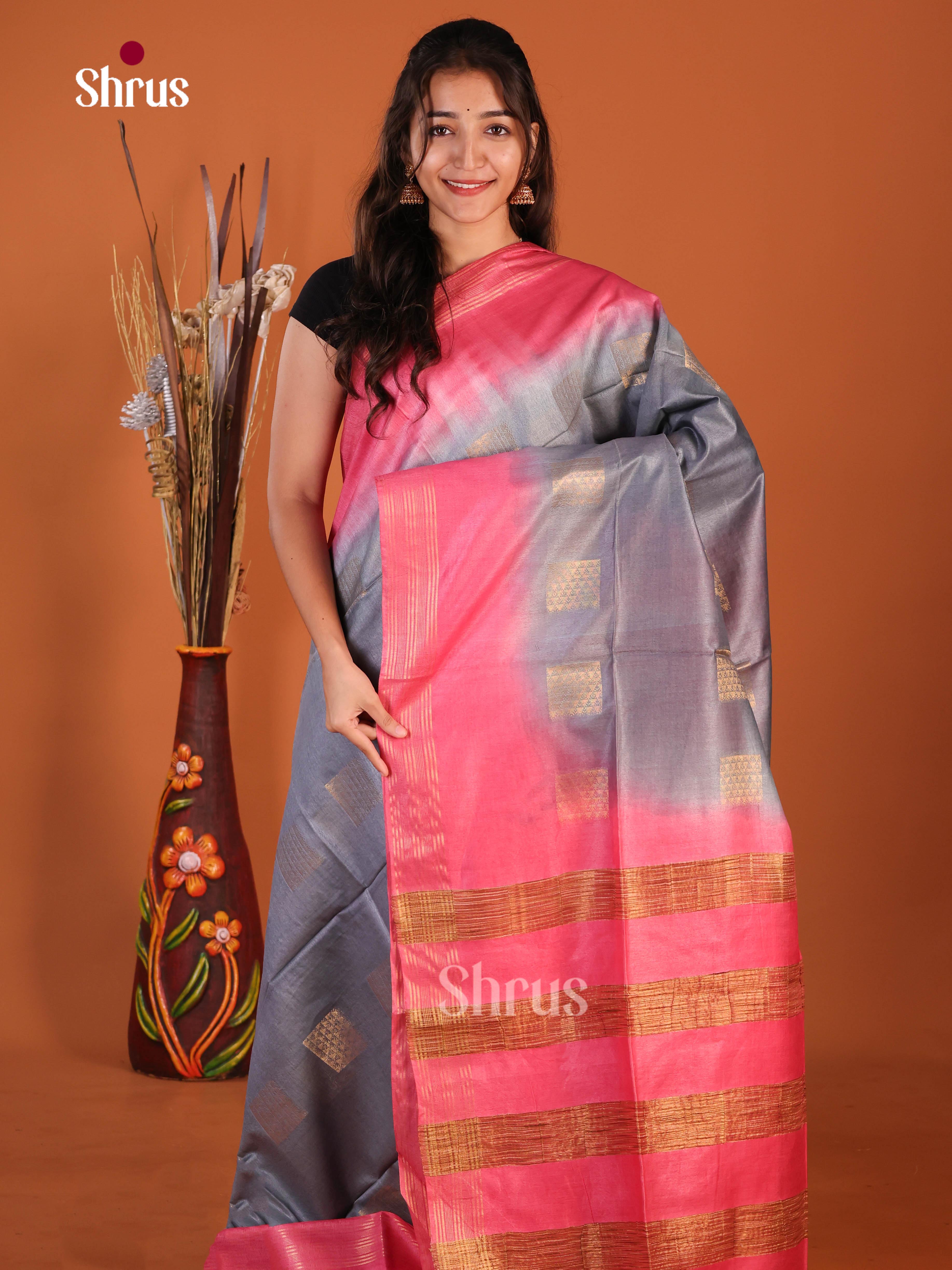 Grey & Pink - Semi Tussar Saree