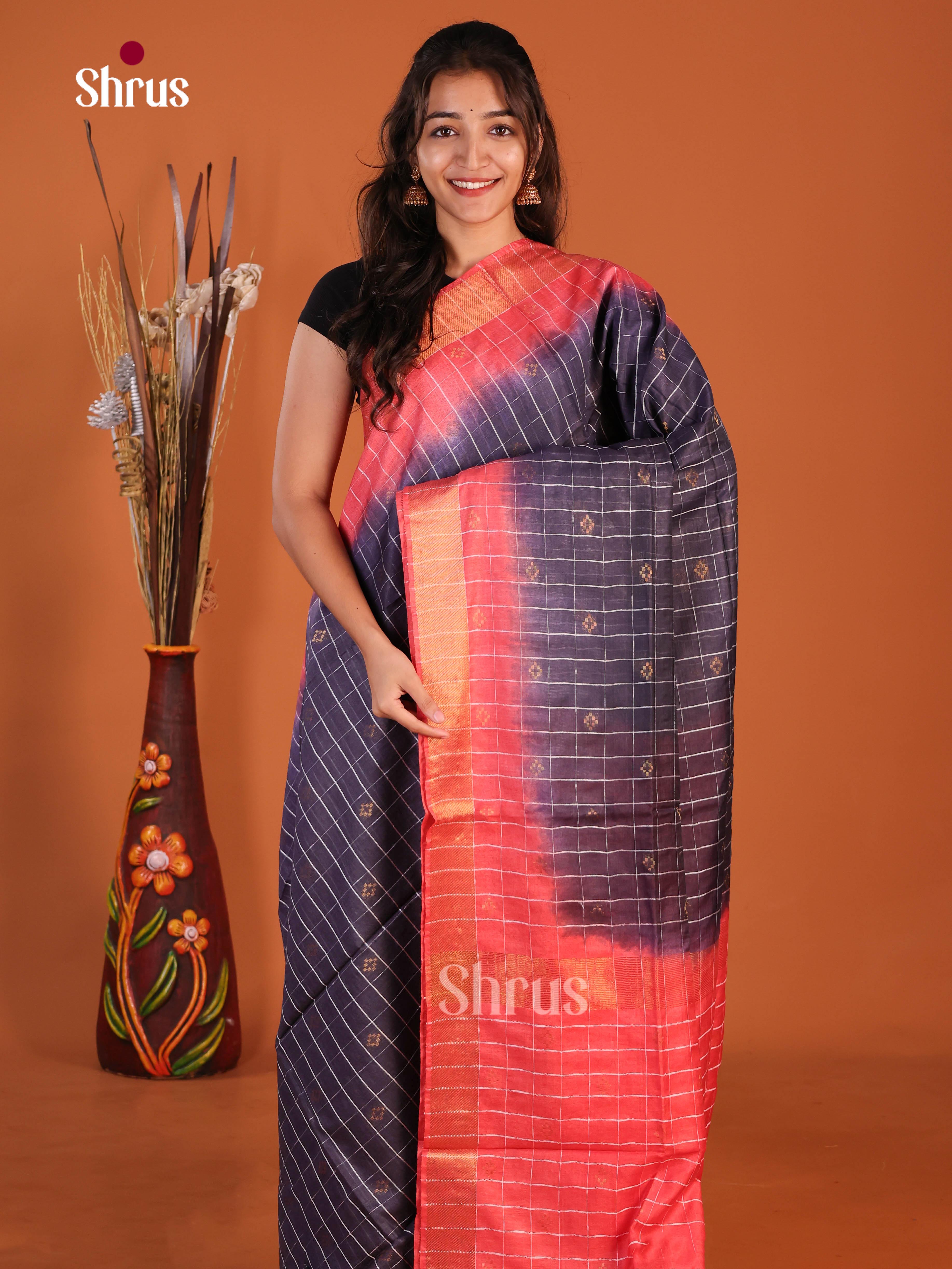 Blue & Orangish Pink - Semi Tussar Saree