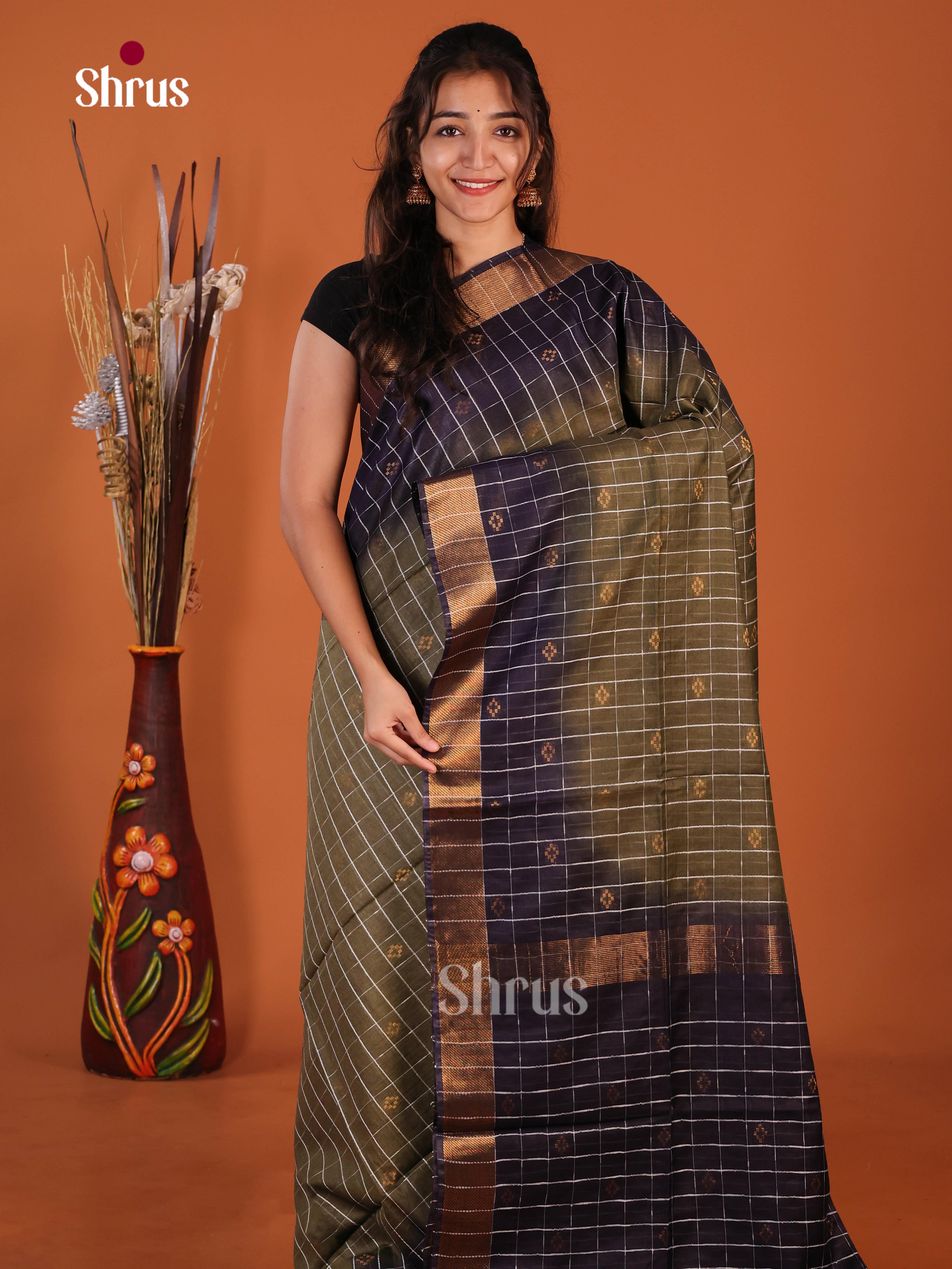Army Green & Blue - Semi Tussar Saree