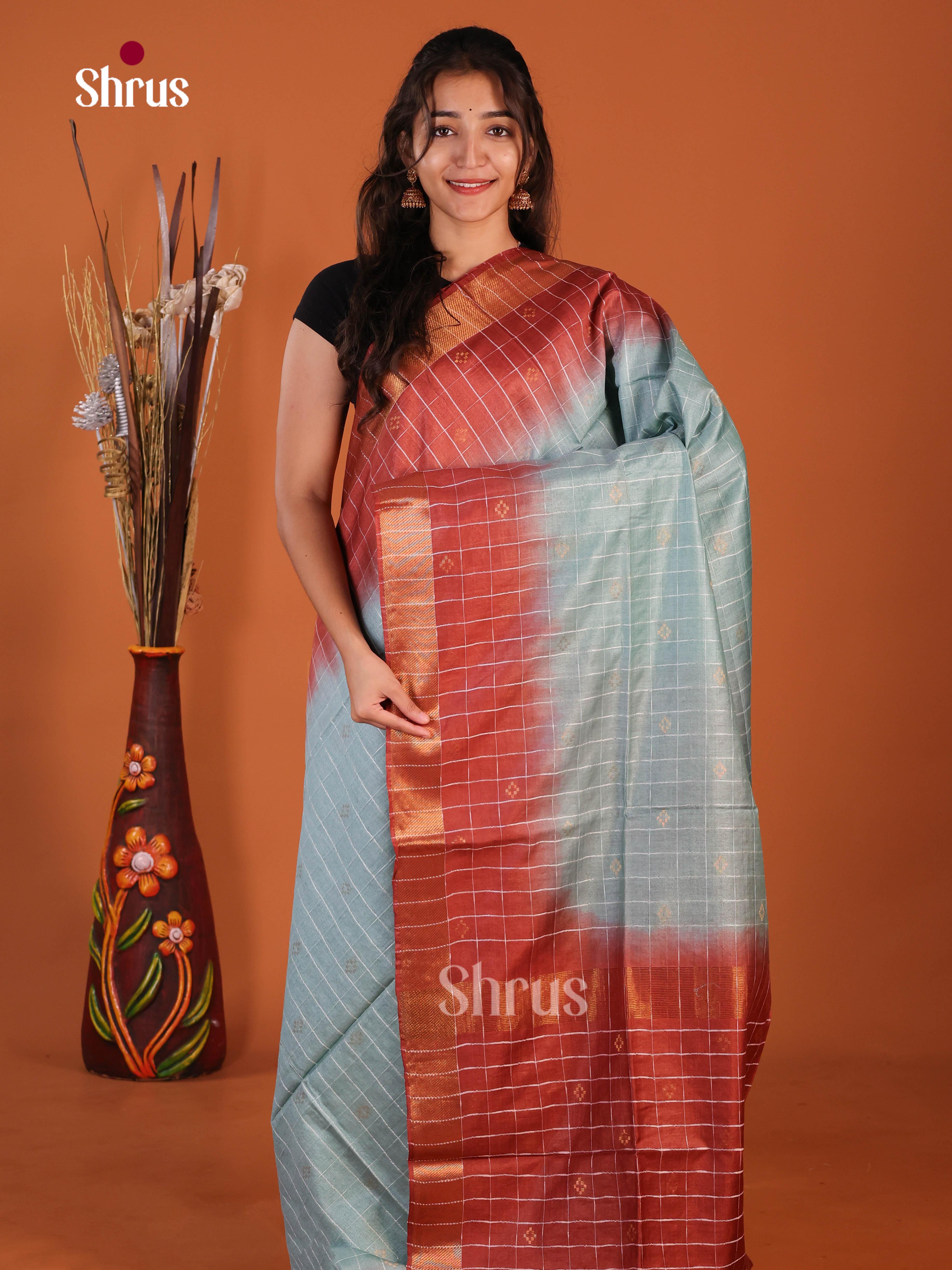 Grey & Red- Semi Tussar Saree
