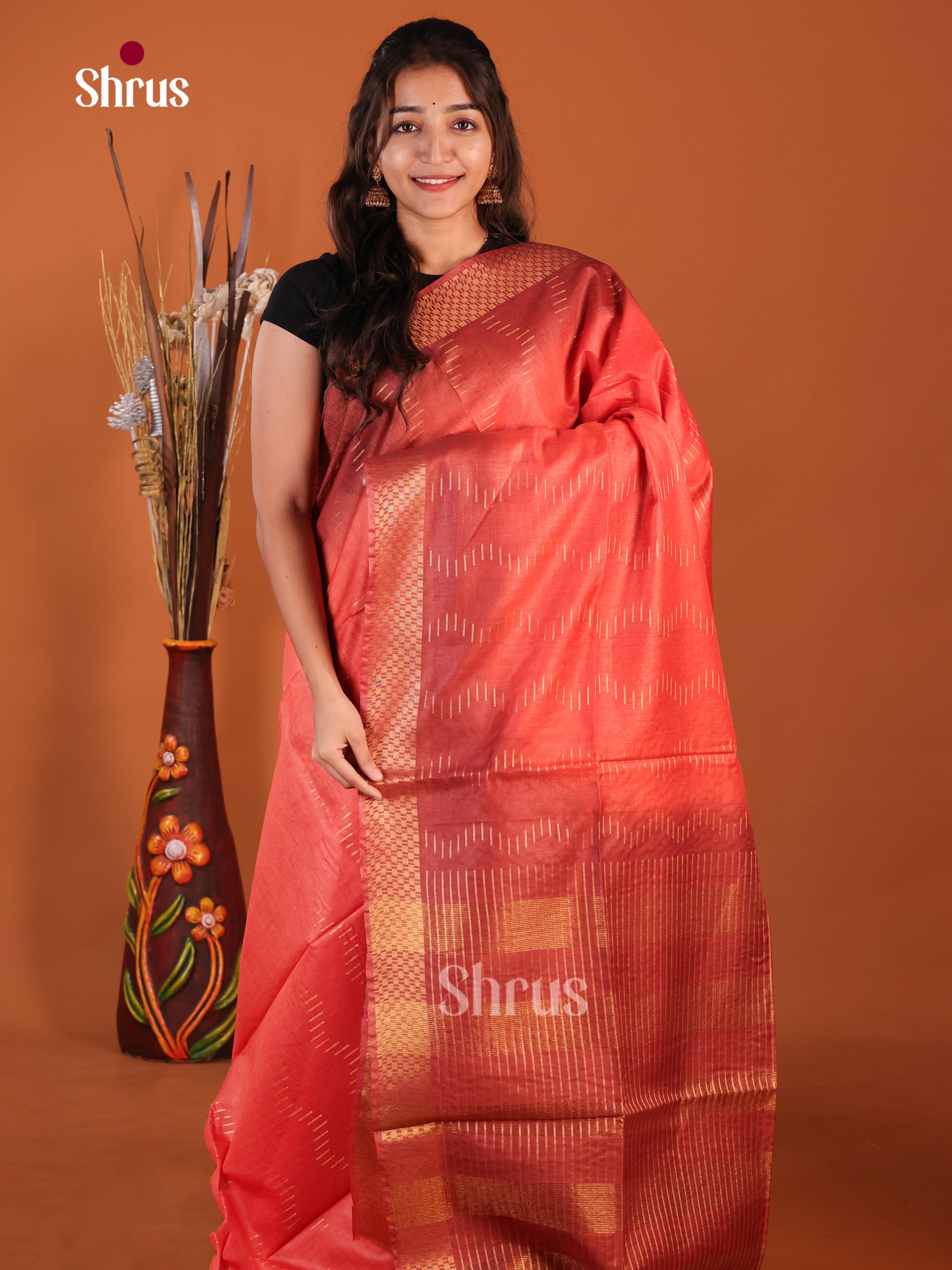 Orangish Pink & Brown - Semi Tussar Saree