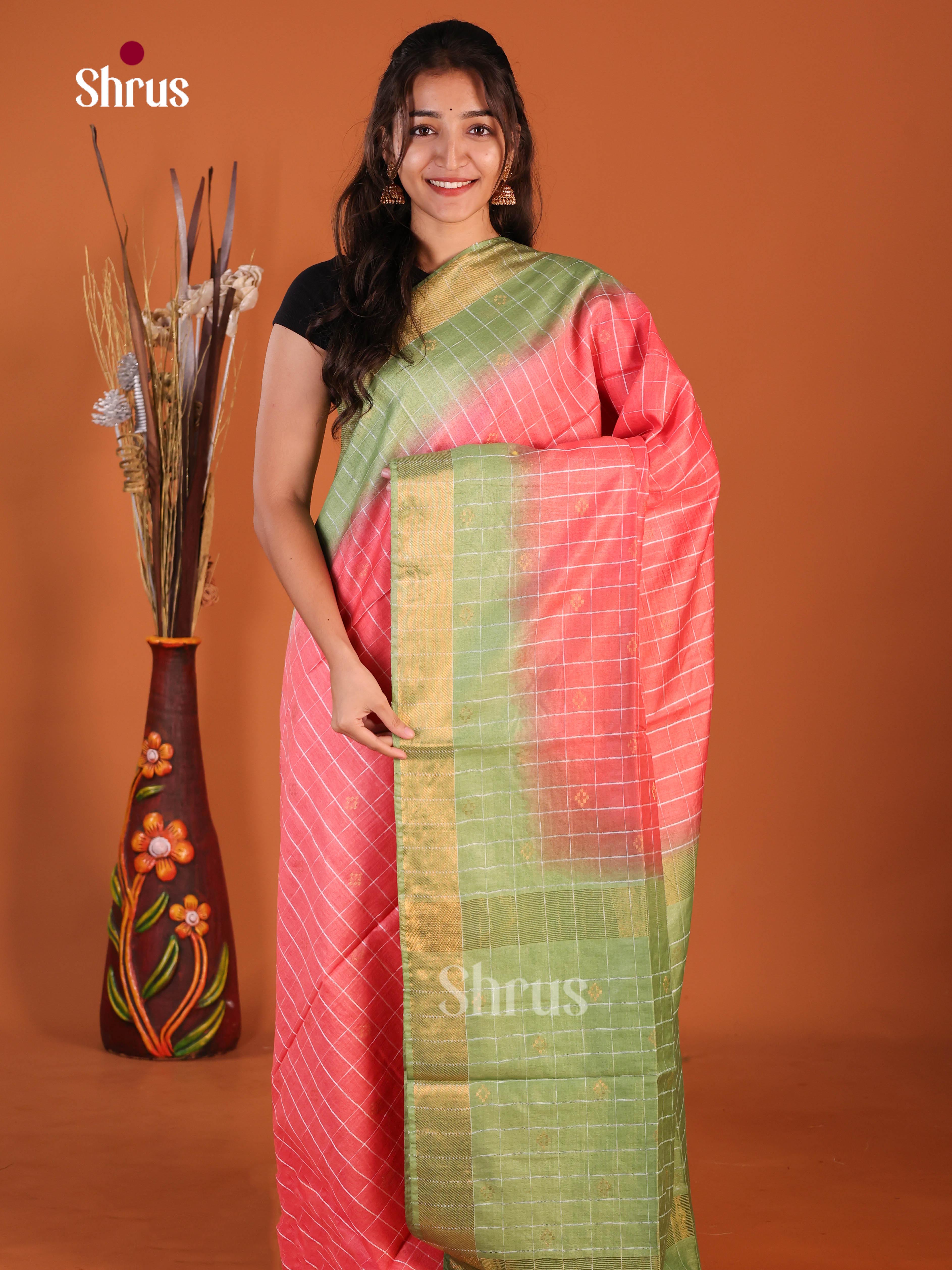Pink & Green- Semi Tussar Saree