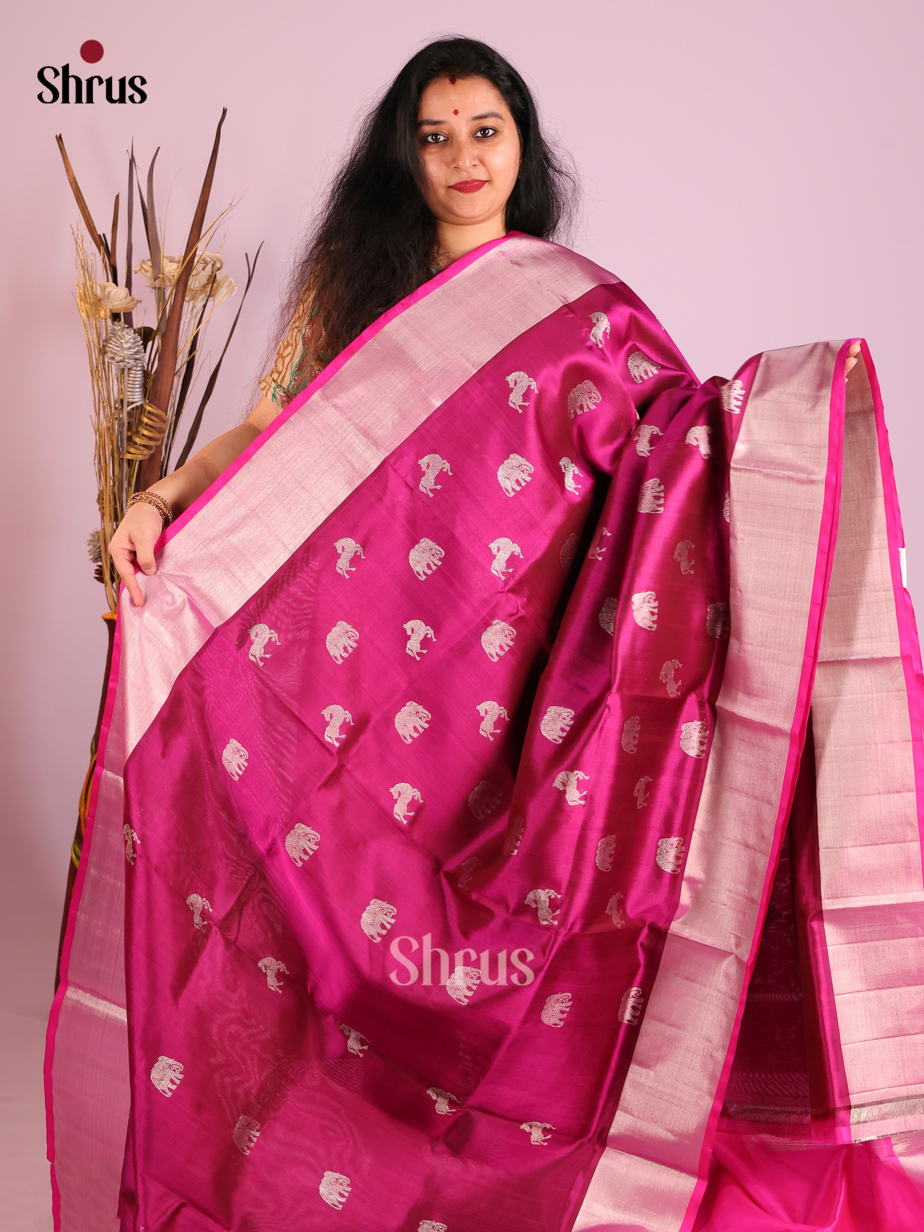 Purple & Pink Venkatagiri silk Saree sizzlles with elephant , horse buttas