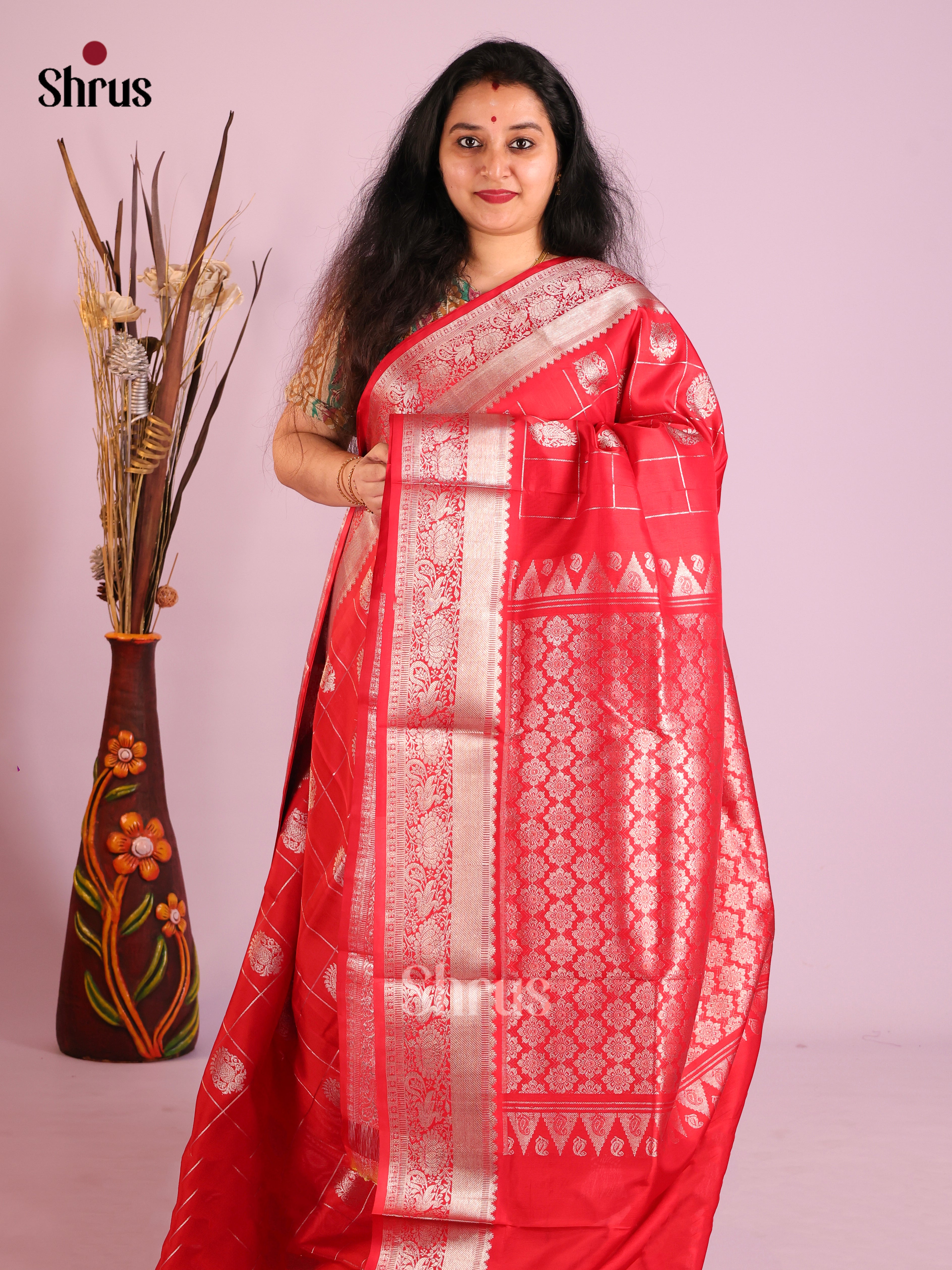 Red Single Tone Venkatagiri silk Saree with silver zari checks, floral motifs
