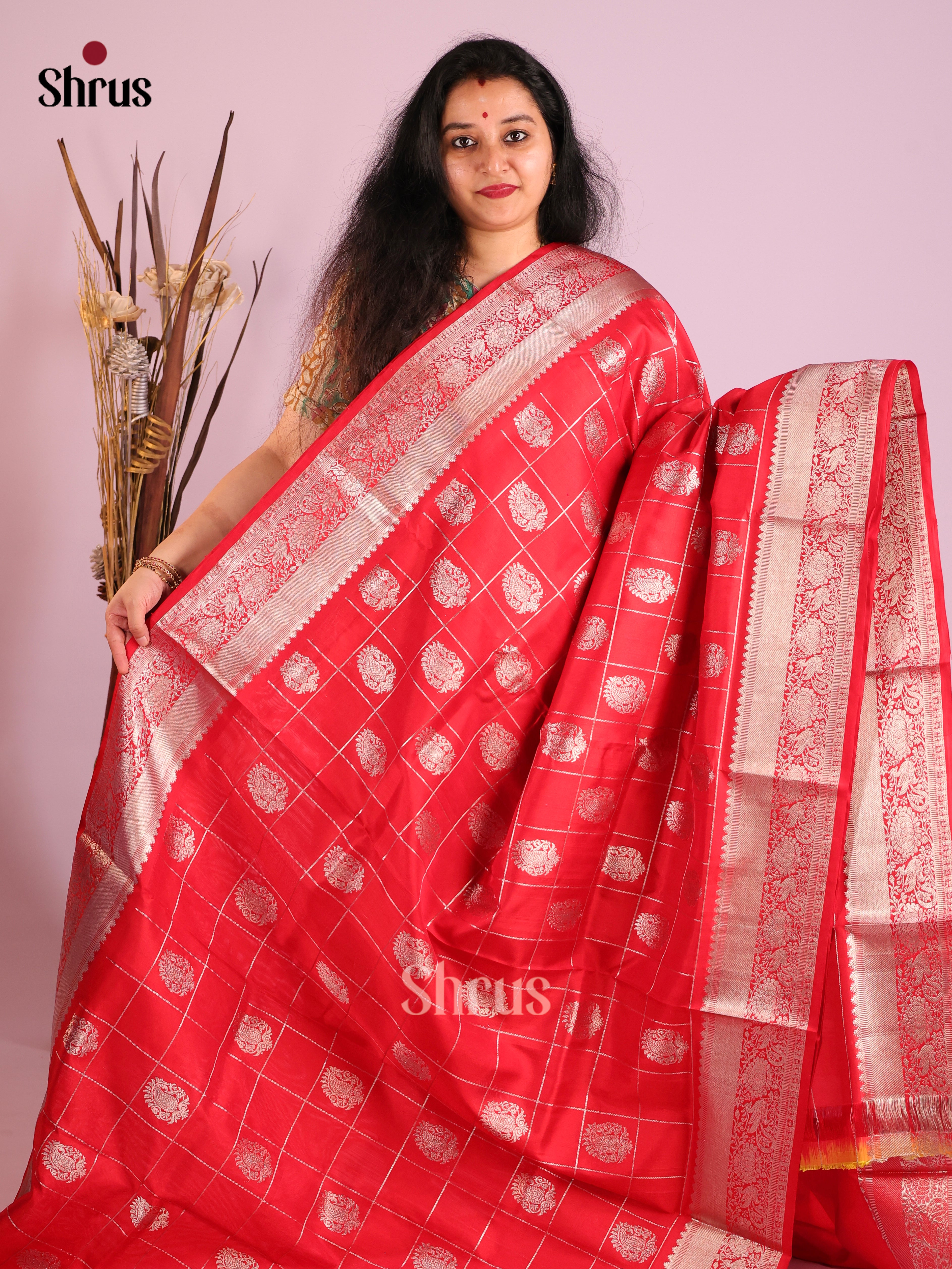Red Single Tone Venkatagiri silk Saree with silver zari checks, floral motifs
