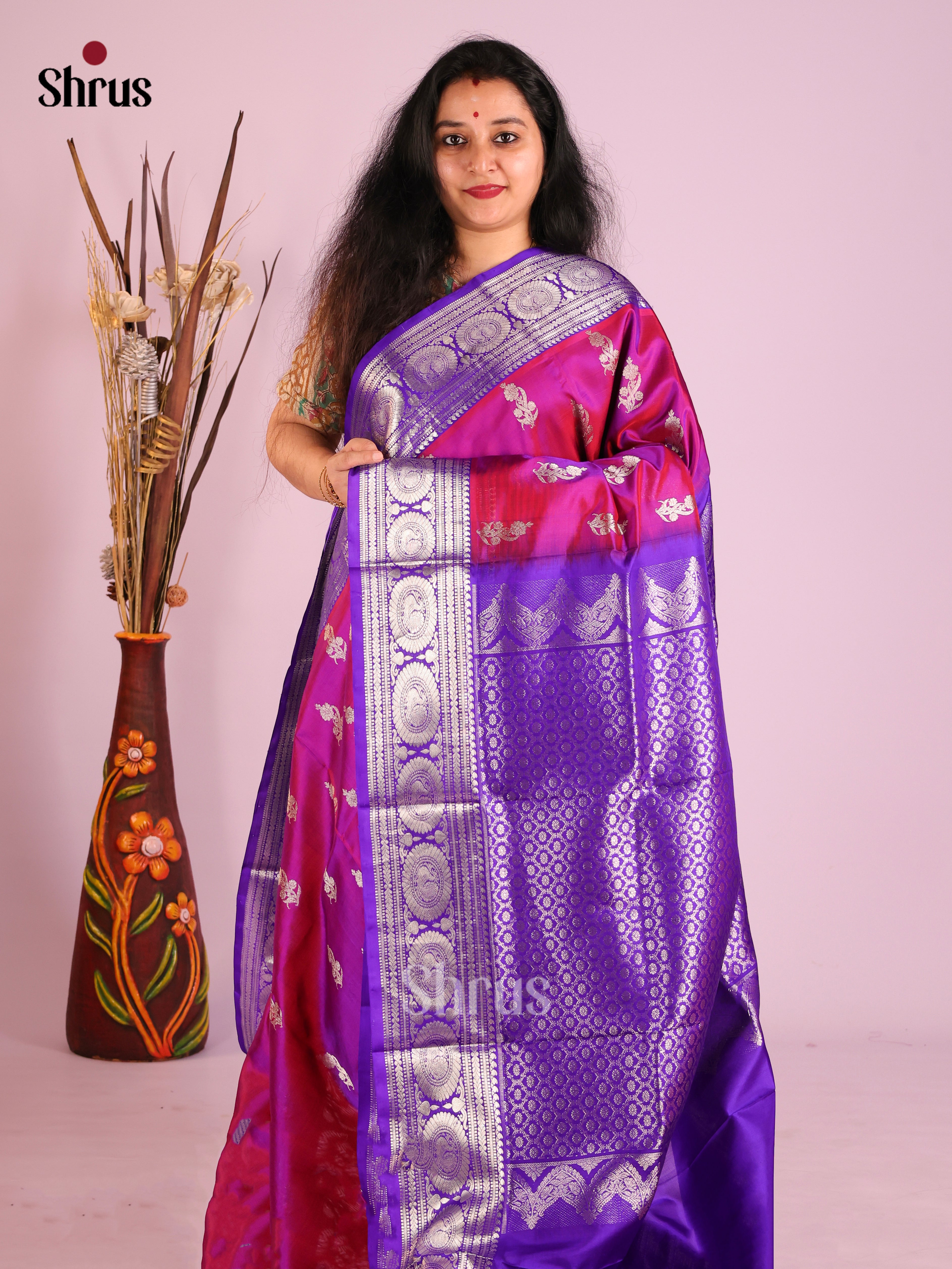Purple & Blue Venkatagiri silk Saree with rich floral motifs zari border