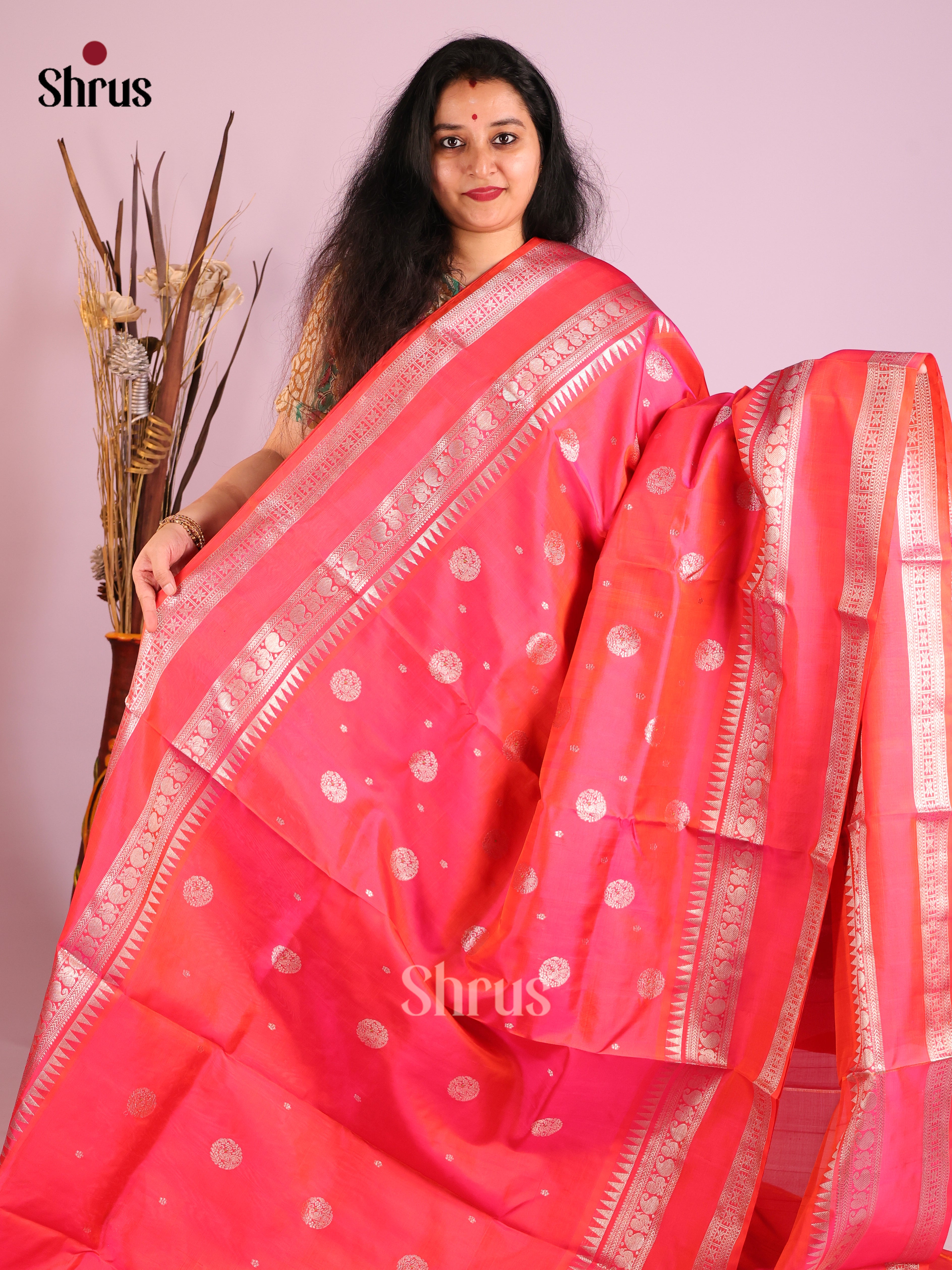 Orangish Pink single tone Venkatagiri silk Saree with zari floral buttas , rettaipet border - Shop on Shrus.com