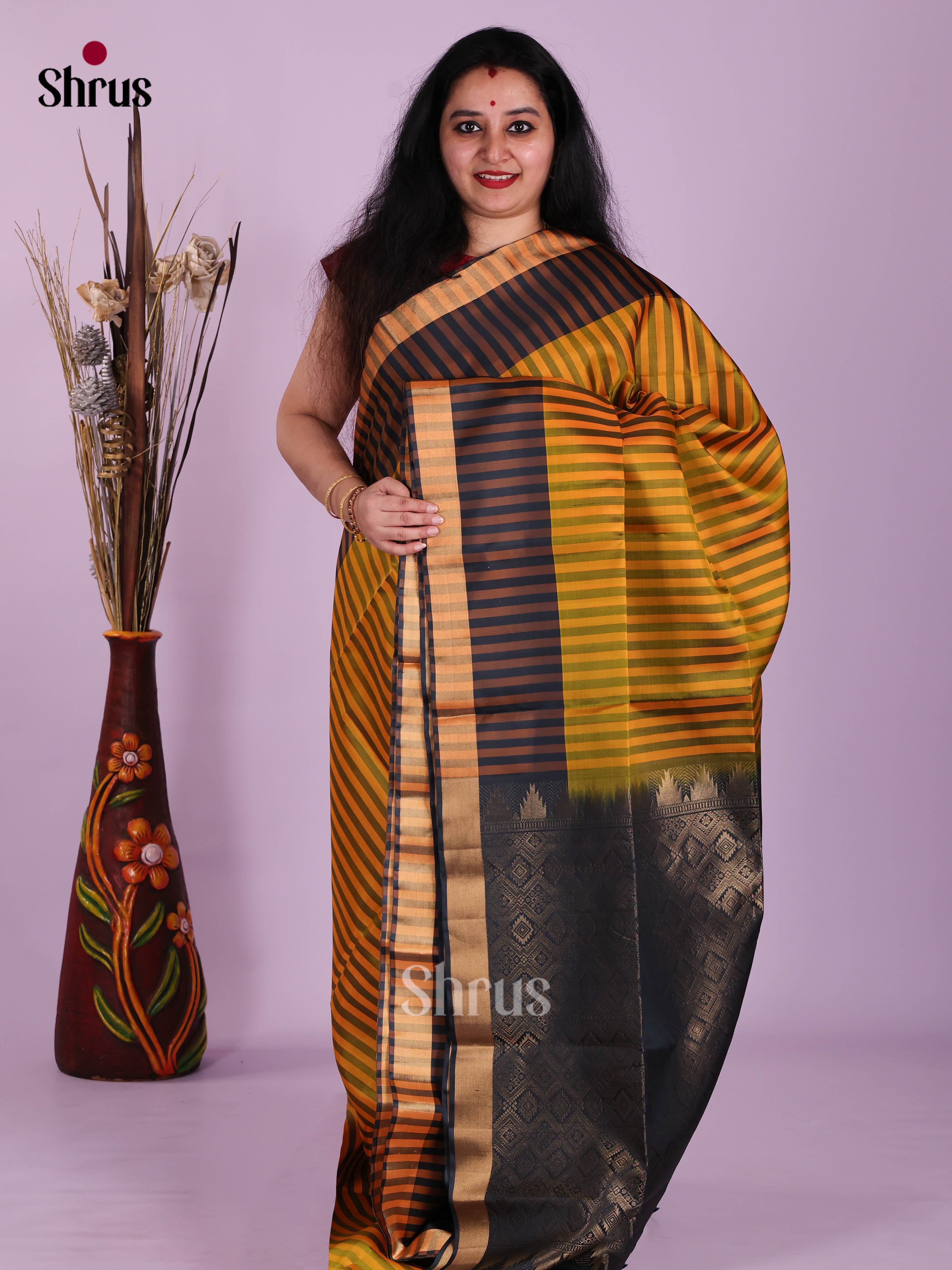 Modern Yellow & Black Striped Soft Silk Saree With Black Brocade Pallu