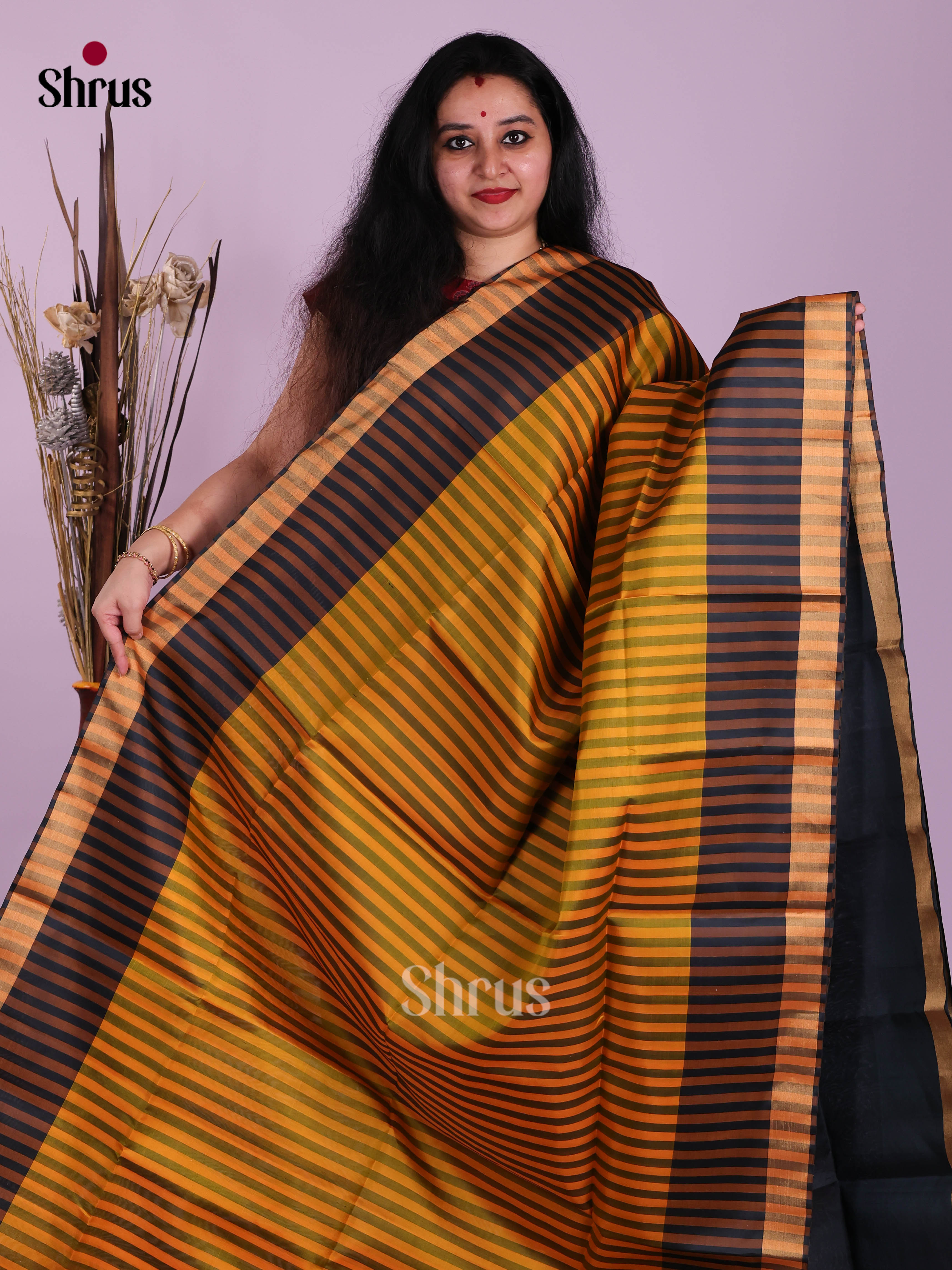 Modern Yellow & Black Striped Soft Silk Saree With Black Brocade Pallu