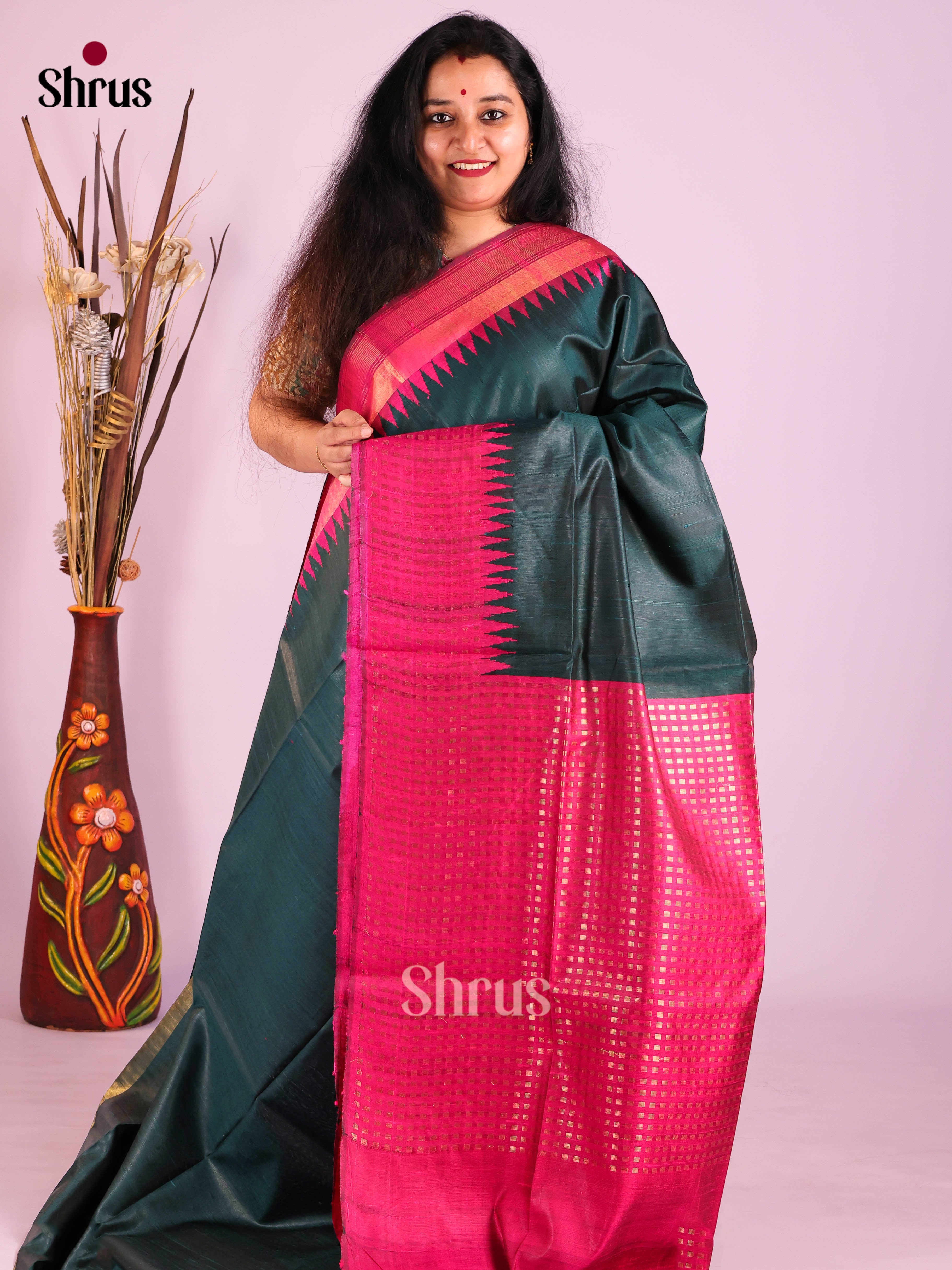 Dark Green & Pink - Raw Silk Saree