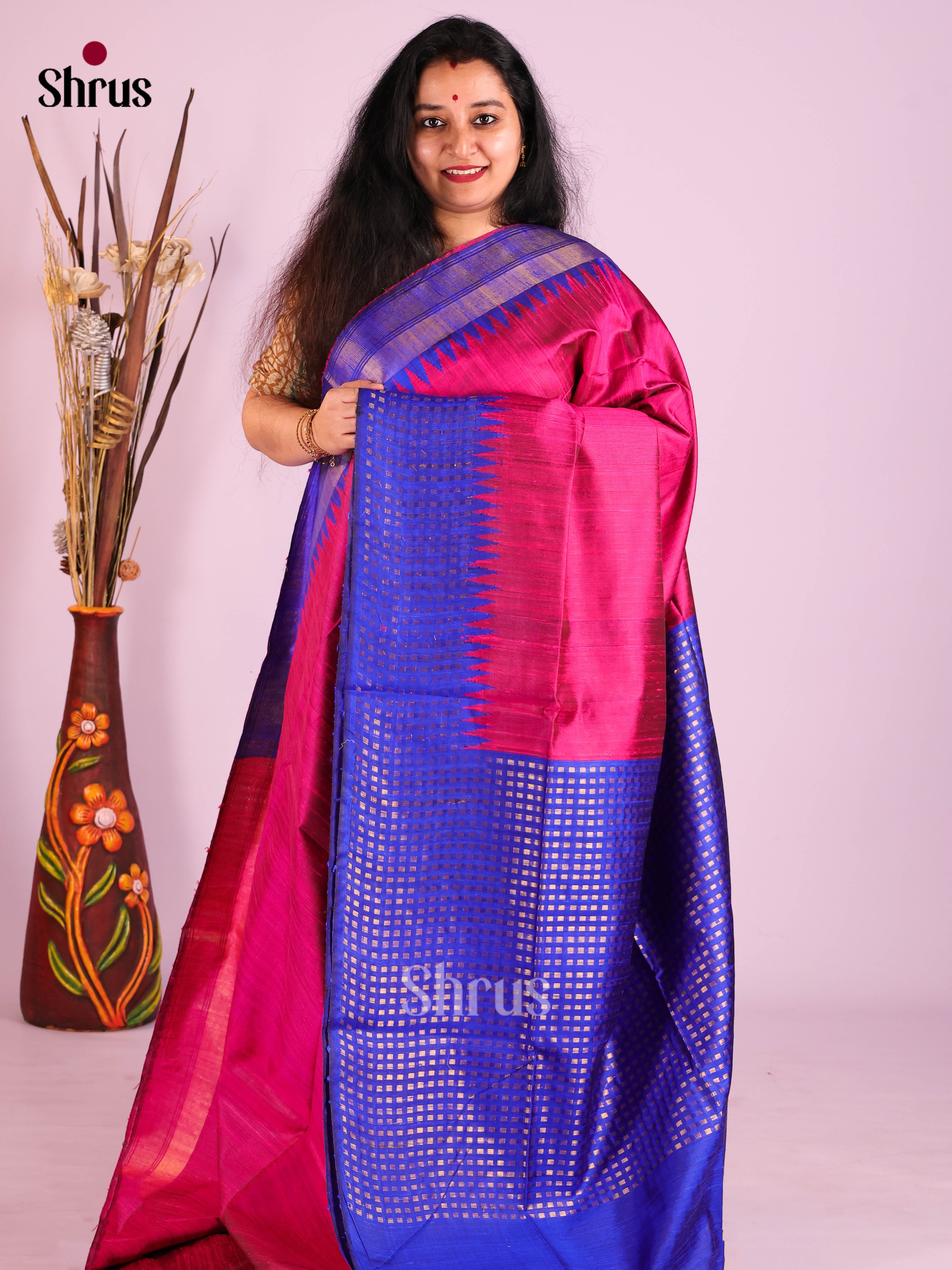 Pink & Blue - Raw Silk Saree