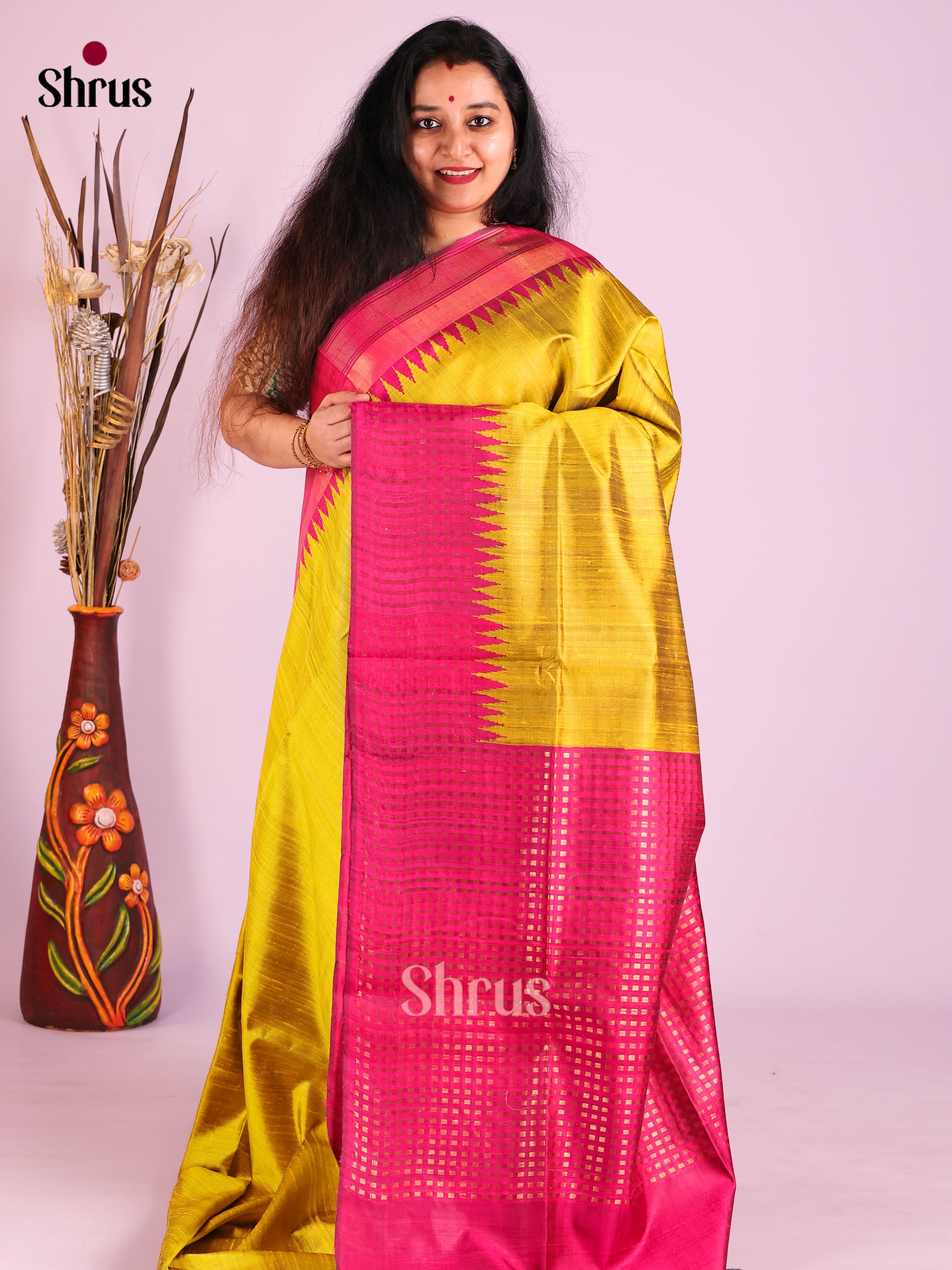 Mustard & Majenta - Raw Silk Saree