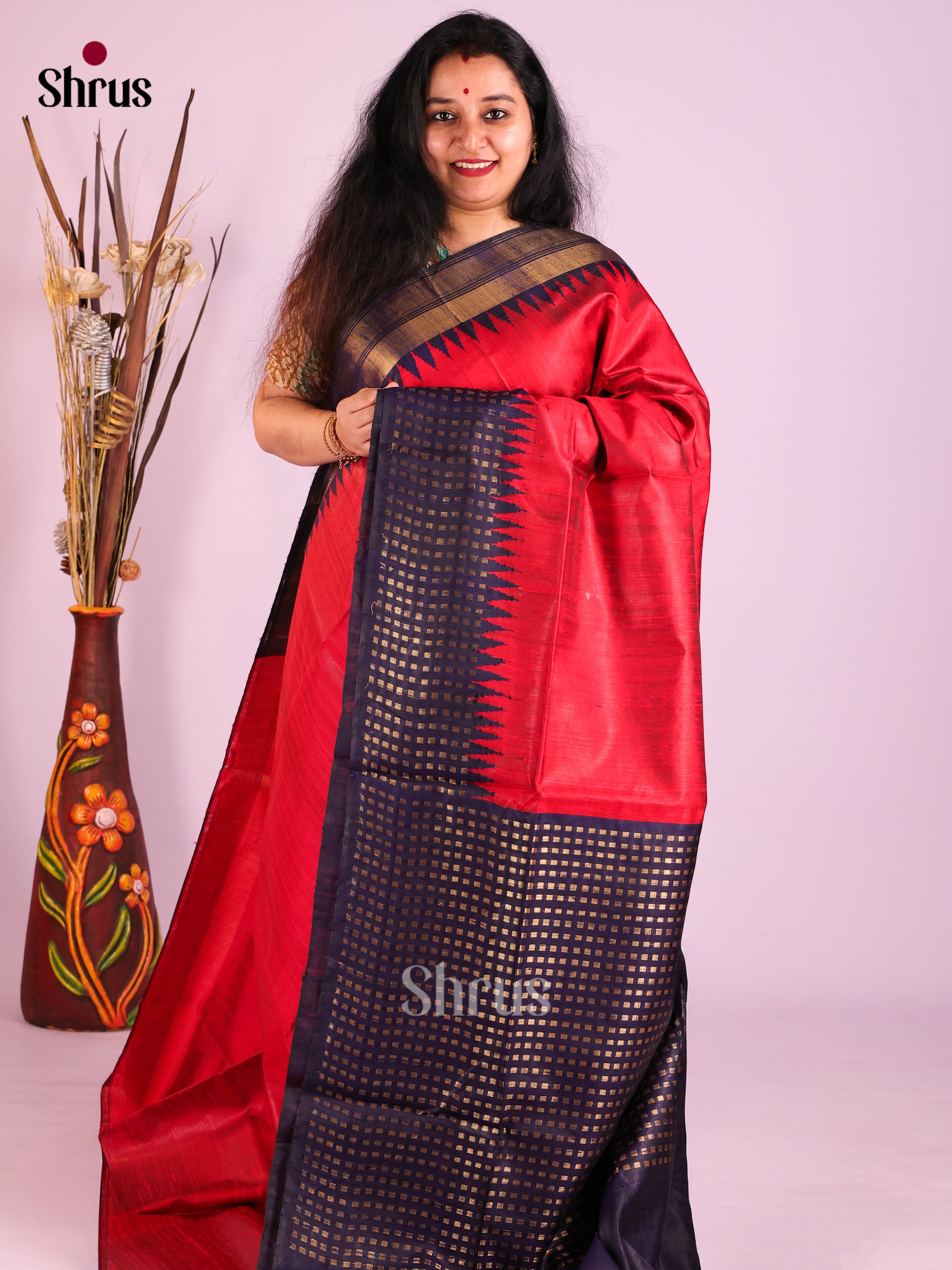 Red & Blue - Raw Silk Saree