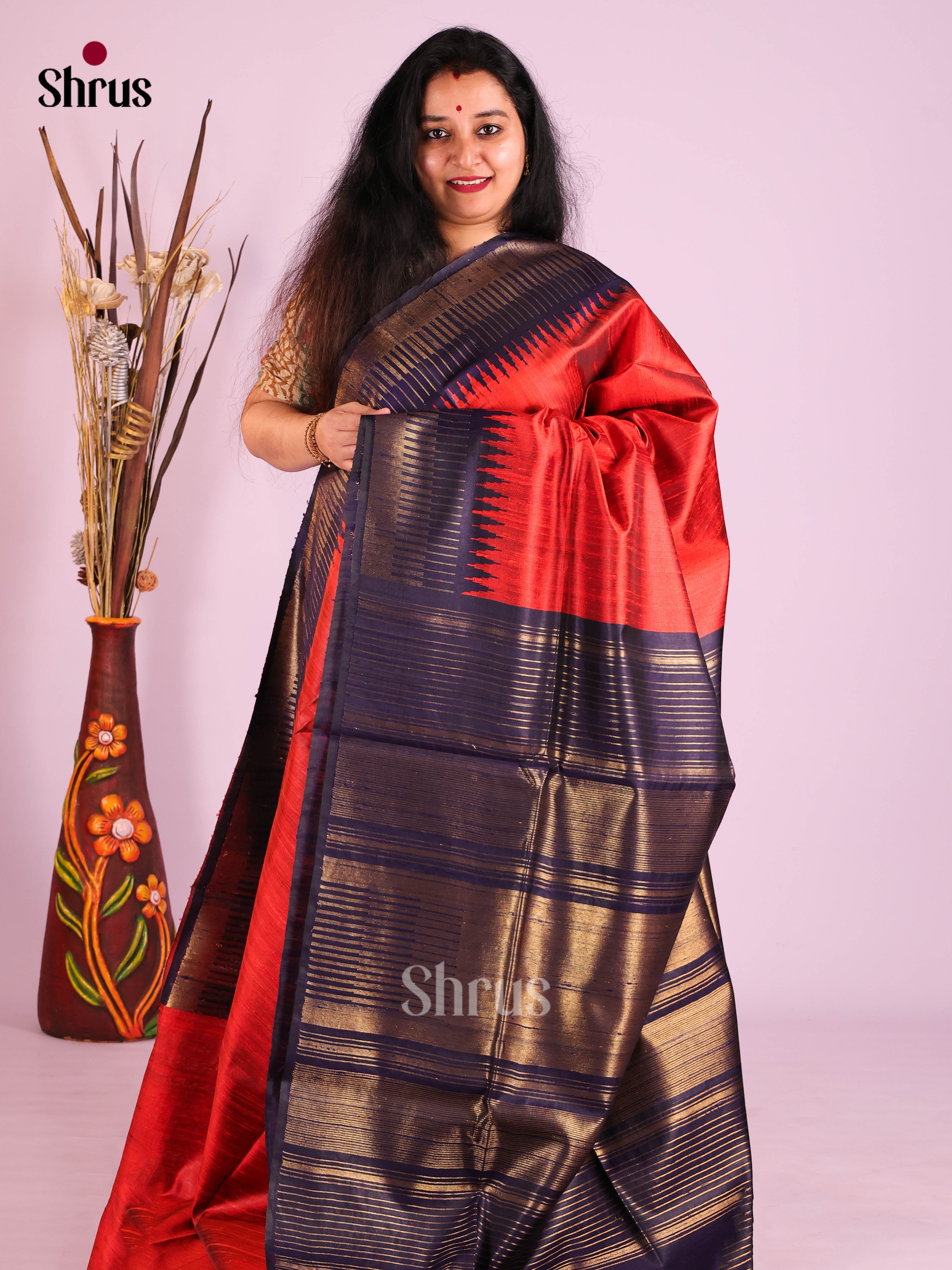 Red & Blue - Raw Silk Saree