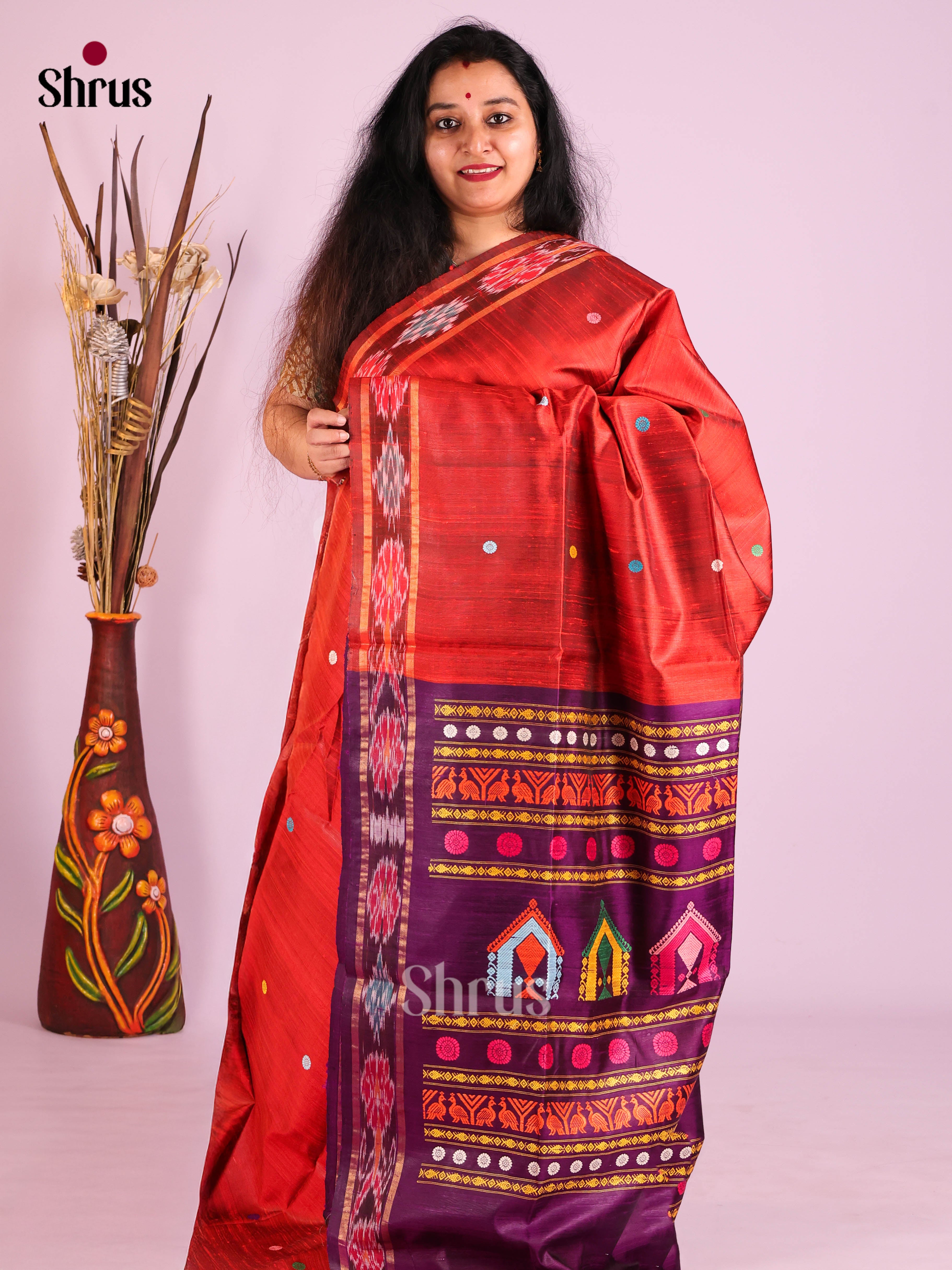 Regal Red Raw Silk Saree with Thread Buttas & Purple Ikkat Pallu