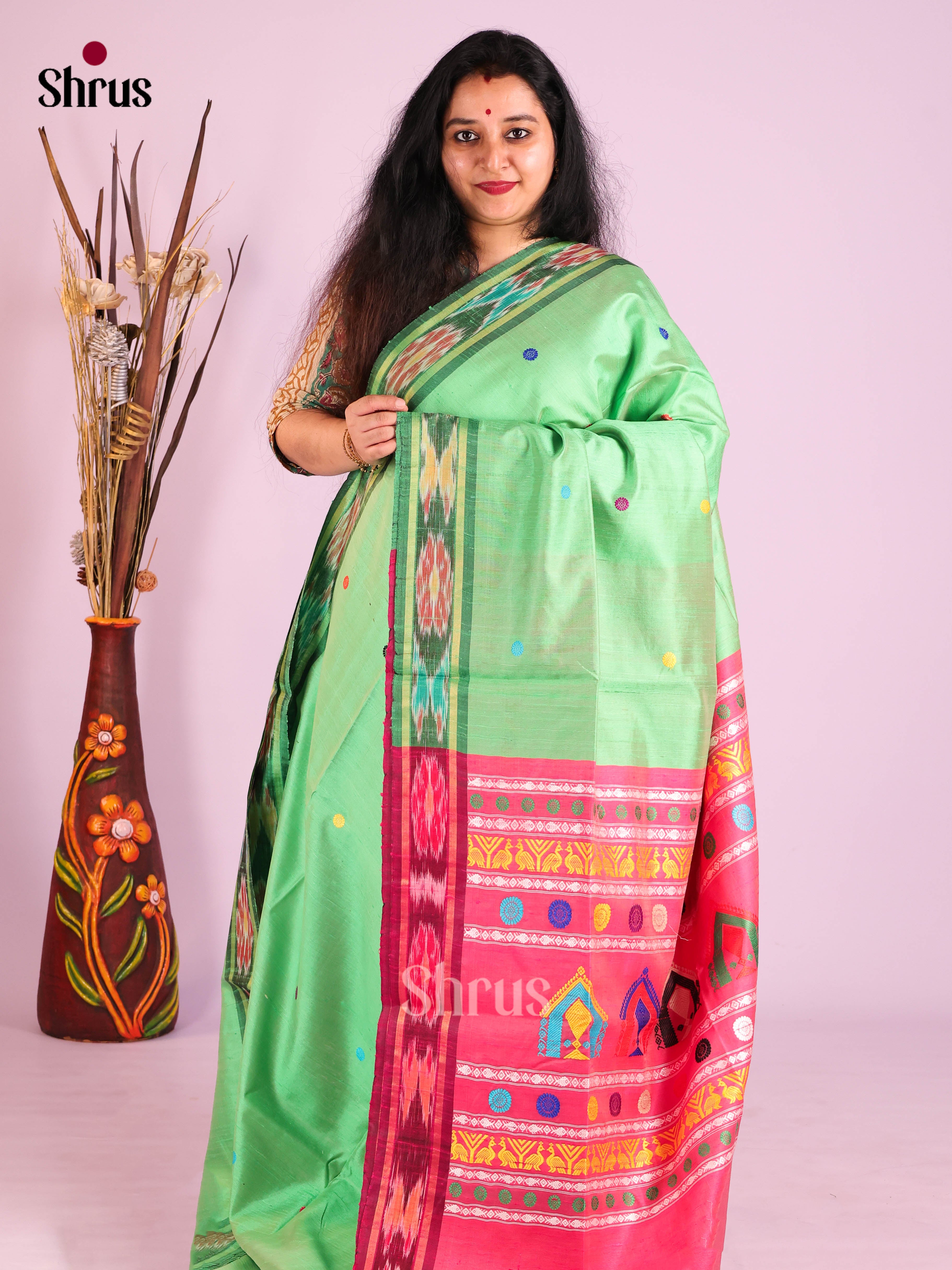 Pista Green & Pink - Raw Silk Saree
