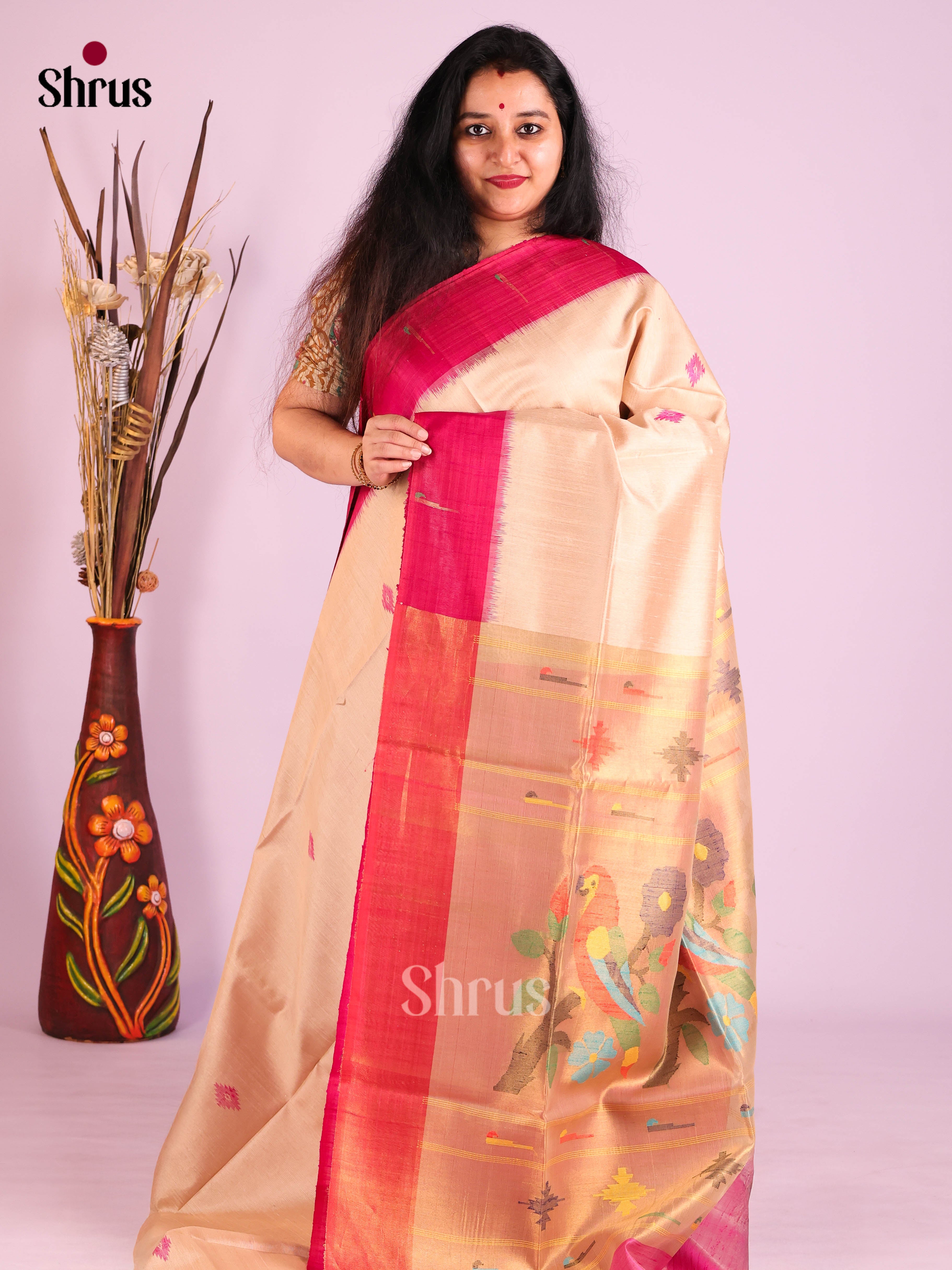 Cream & Pink - Raw Silk Saree