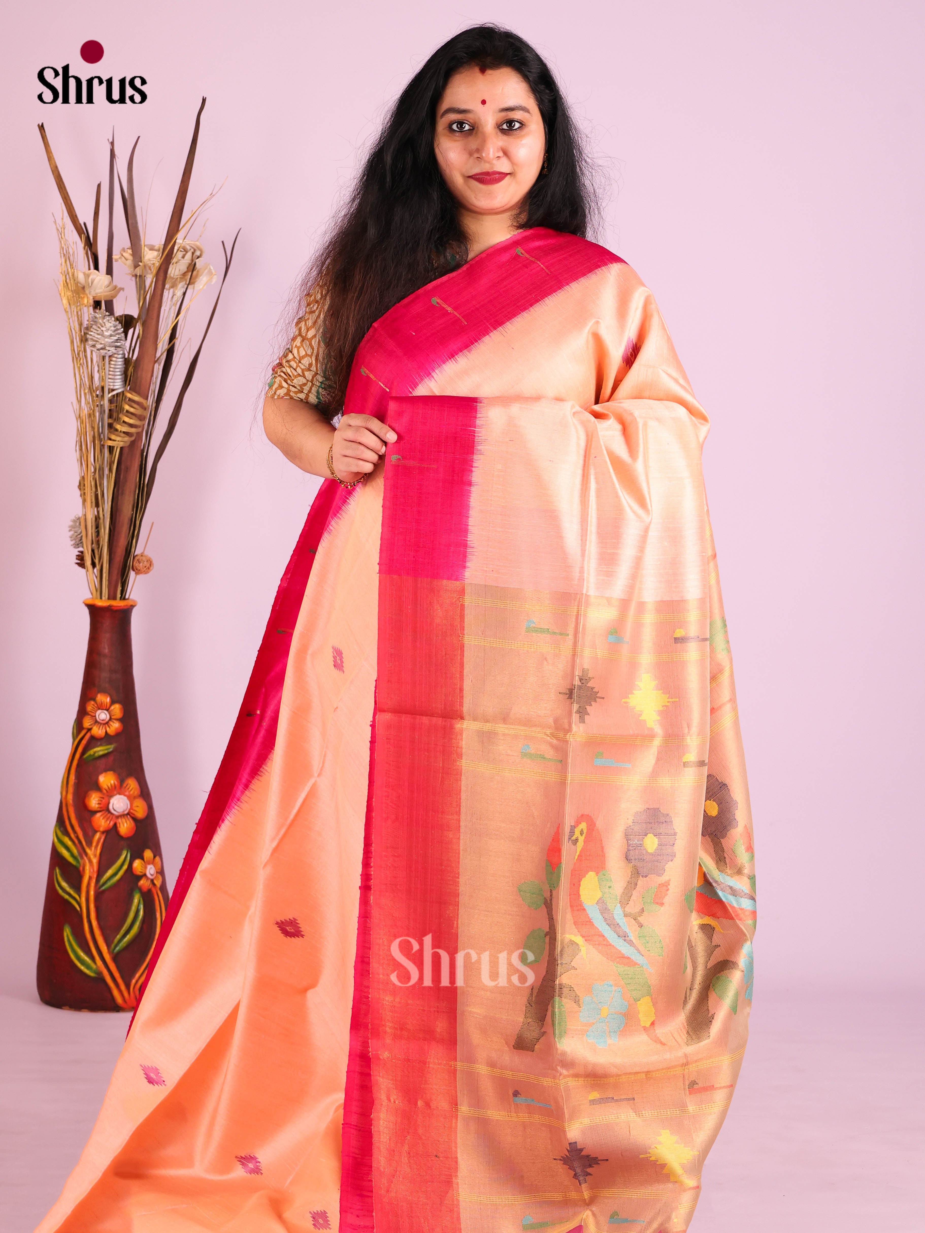 Peach & Pink - Raw Silk Saree