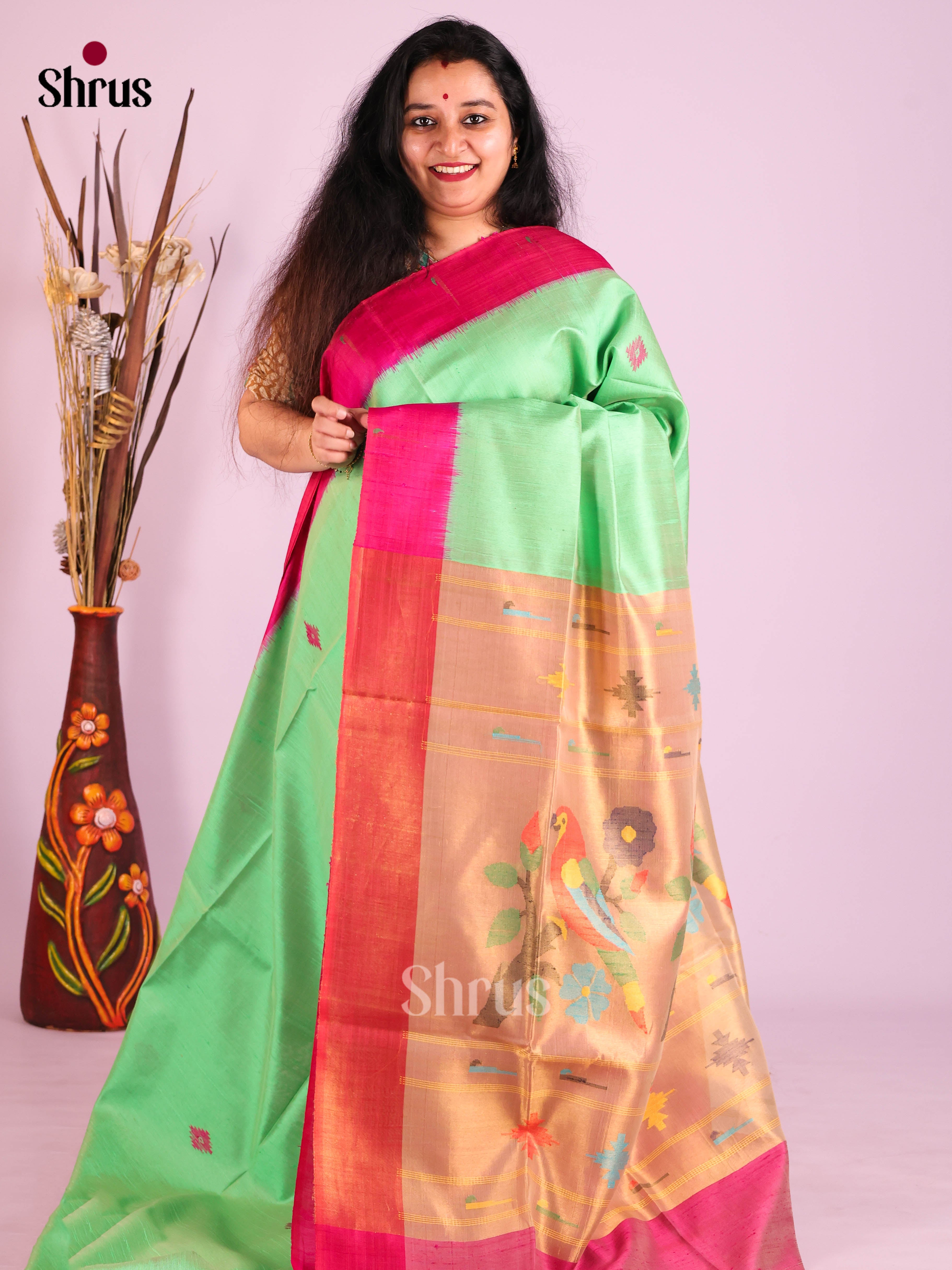 Pista Green & Pink - Raw Silk Saree
