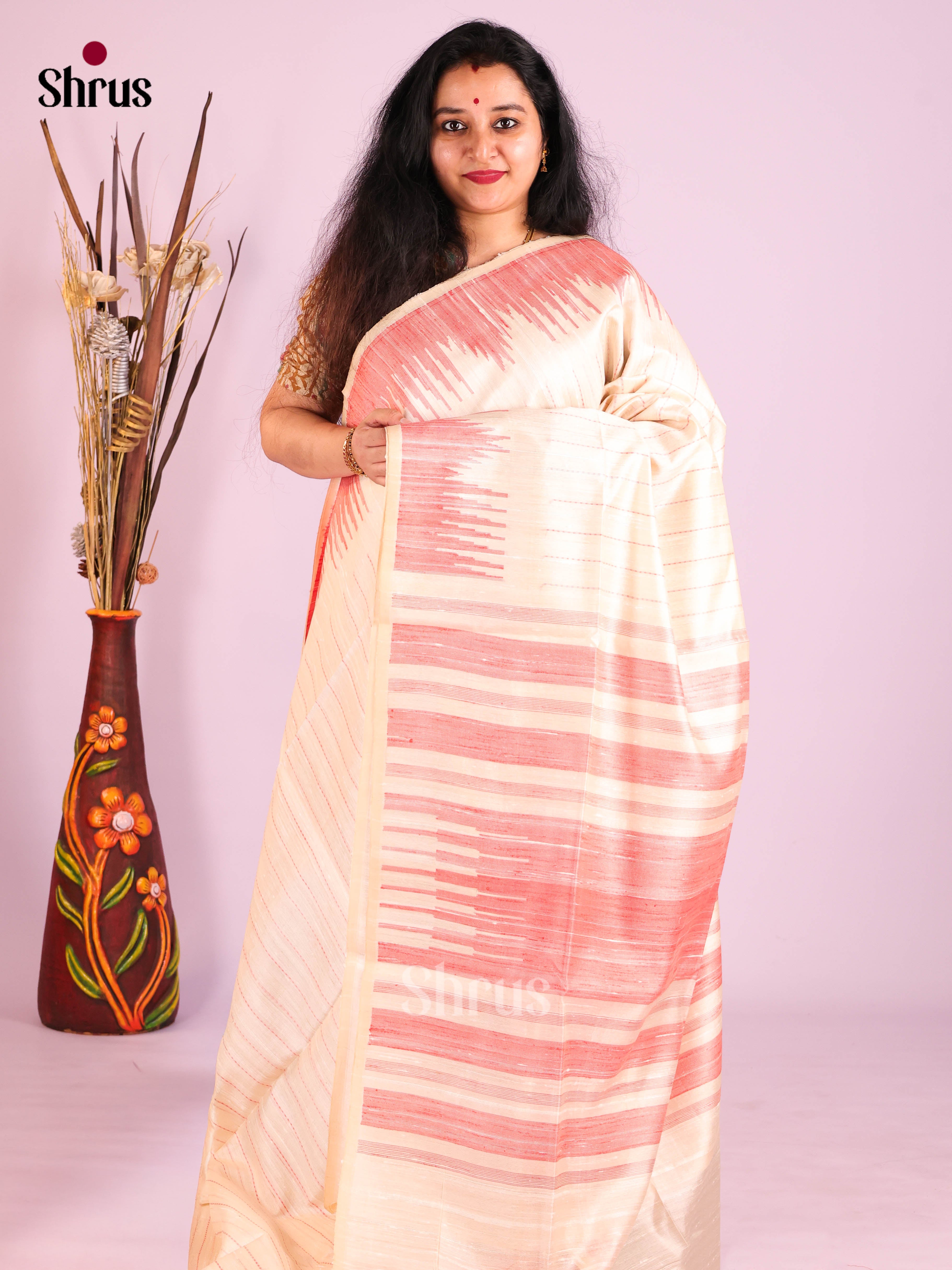 Cream & Pink - Raw Silk Saree