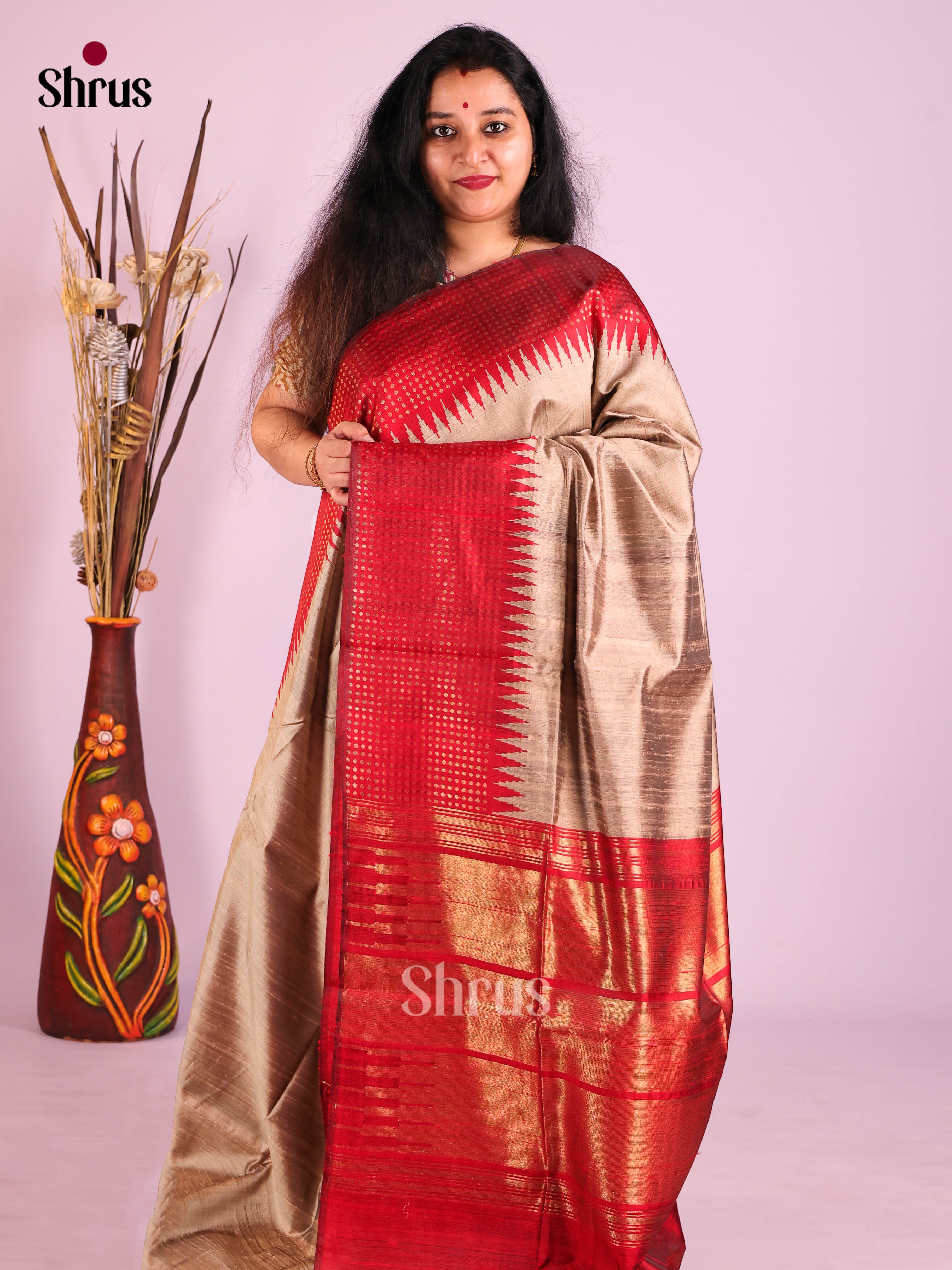 Grey & Red - Raw Silk Saree