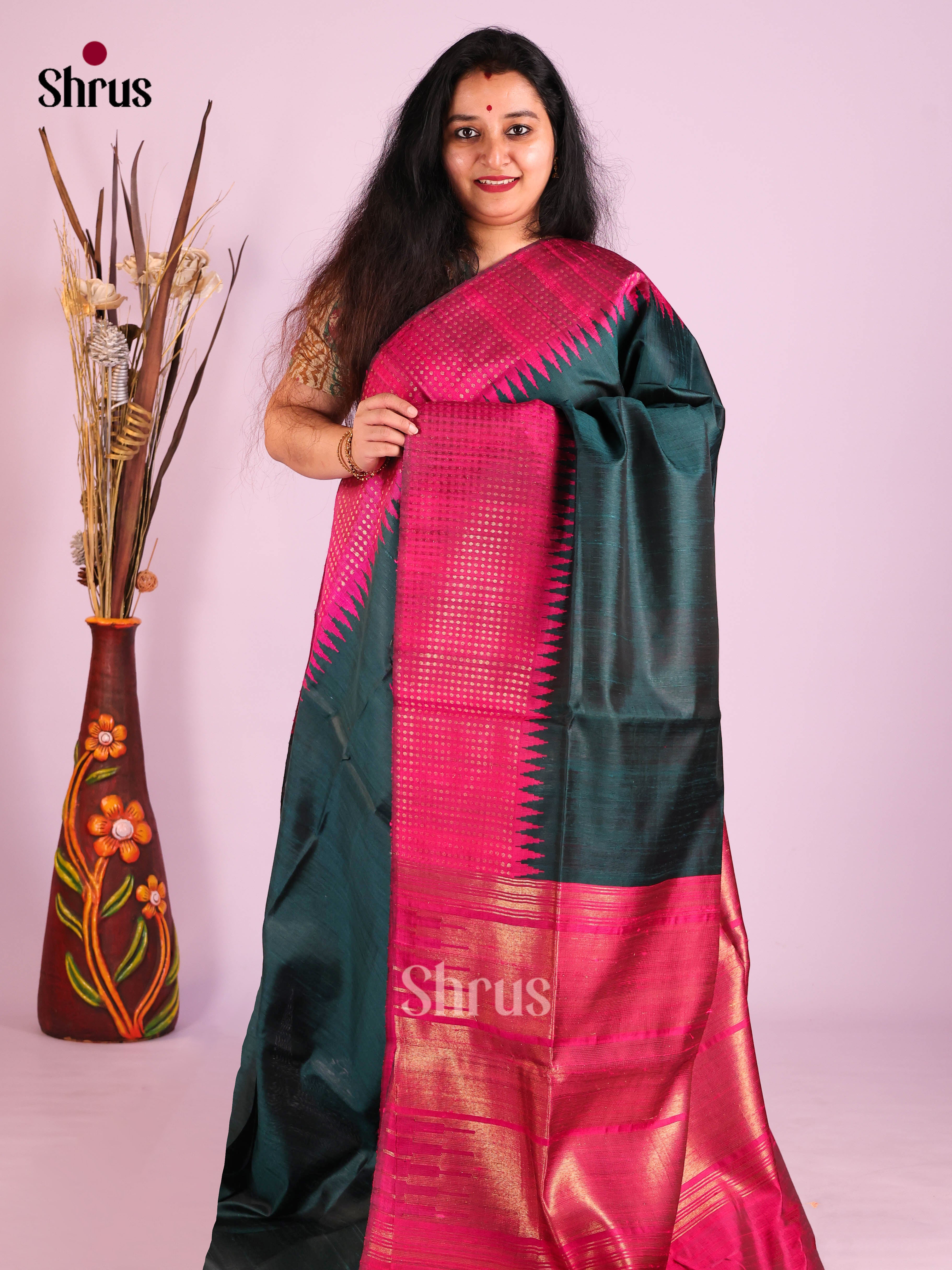 Peacock Green & Majenta - Raw Silk Saree