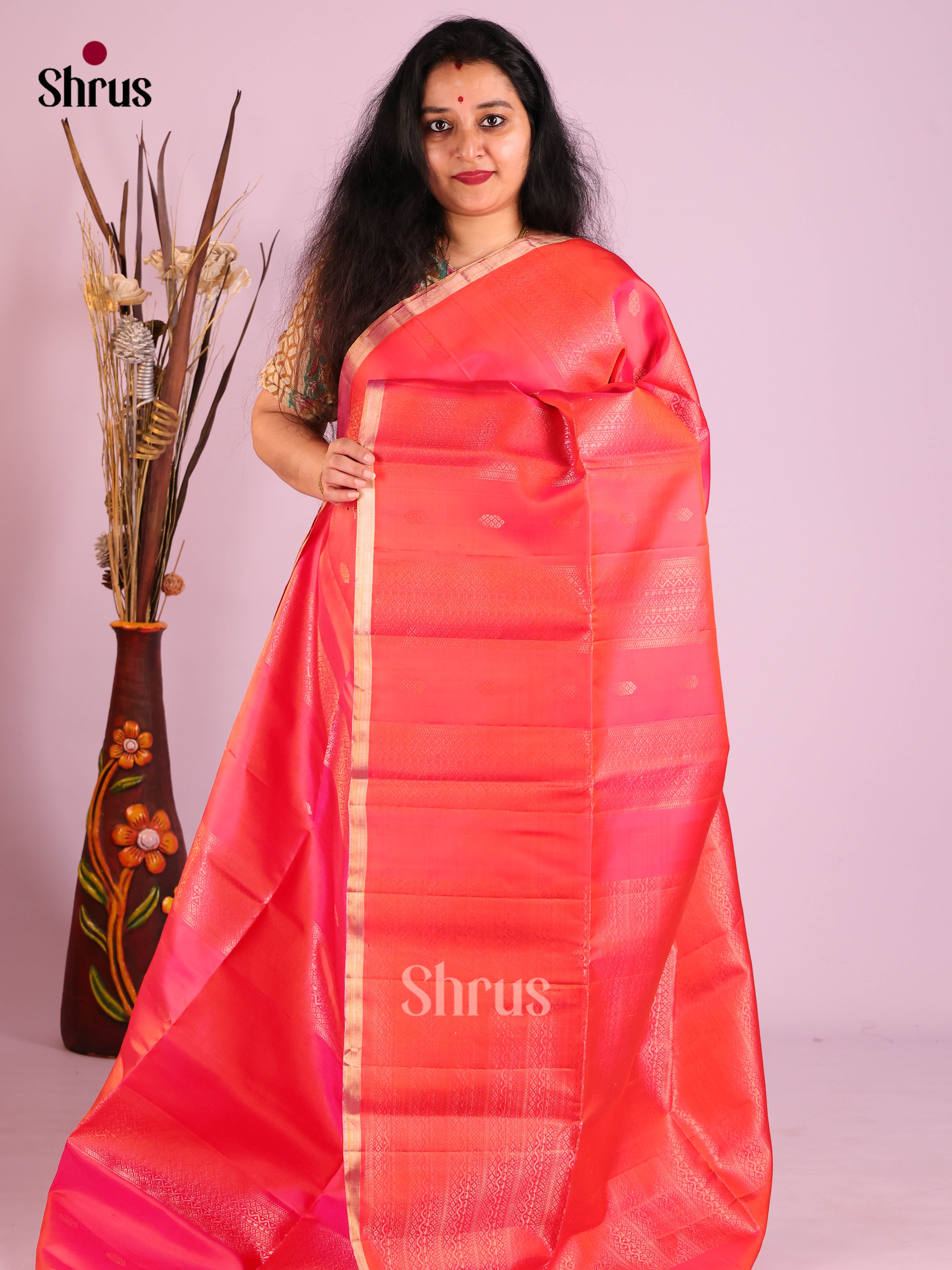 Pretty Orangish Pink Soft Silk Saree with Intricate Zari Woven Stripes, Buttas & brocade pallu