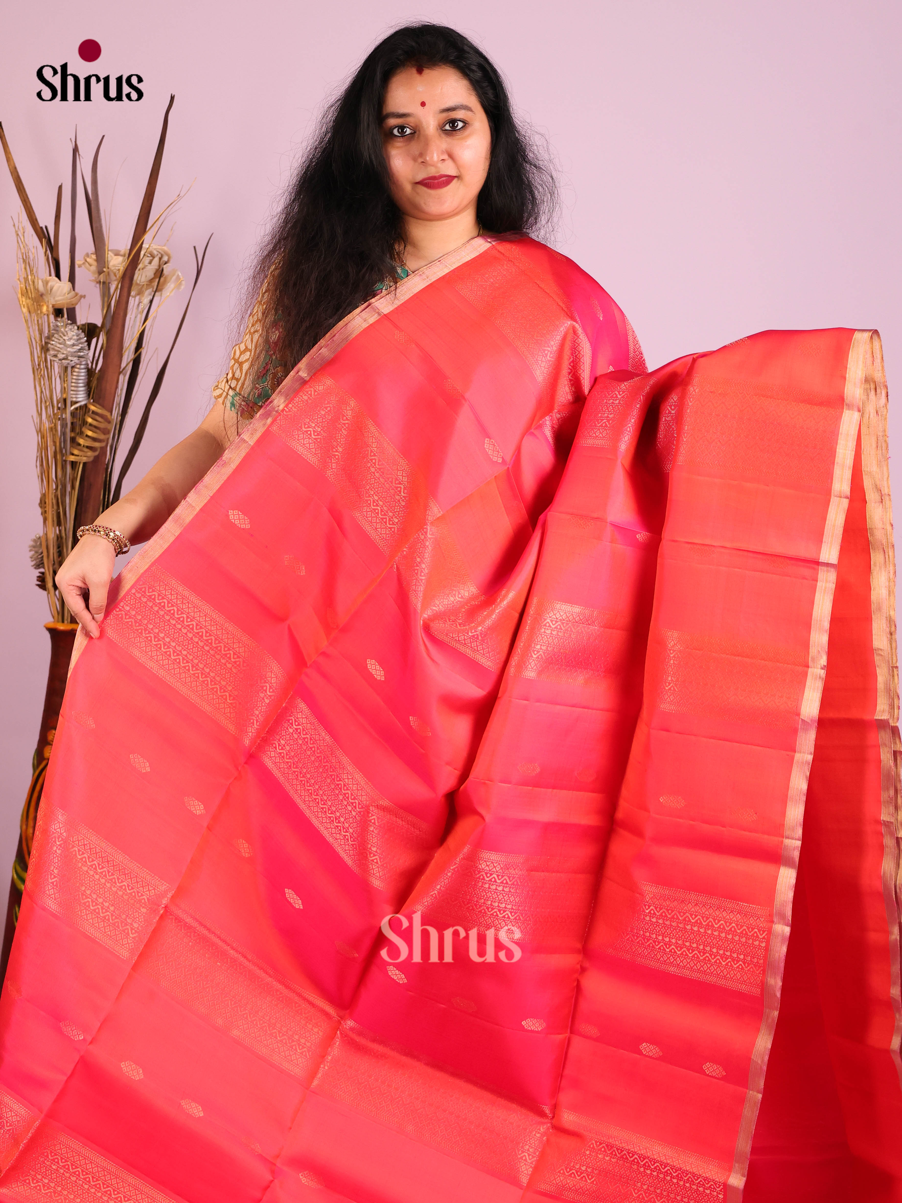 Pretty Orangish Pink Soft Silk Saree with Intricate Zari Woven Stripes, Buttas & brocade pallu 1