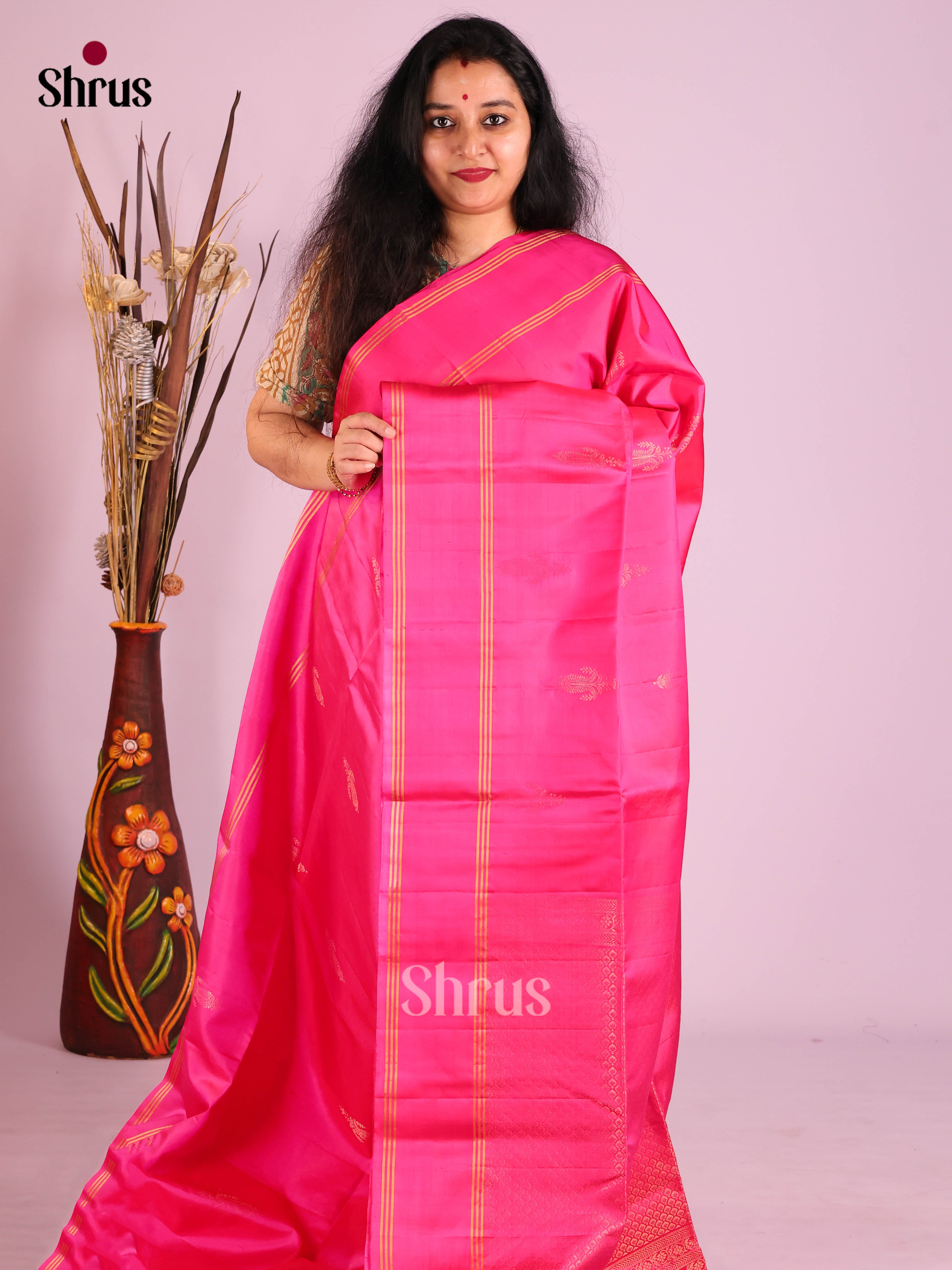 Timeless Pink Soft Silk Saree with gold floral motifs & Rettaipet Zari Border