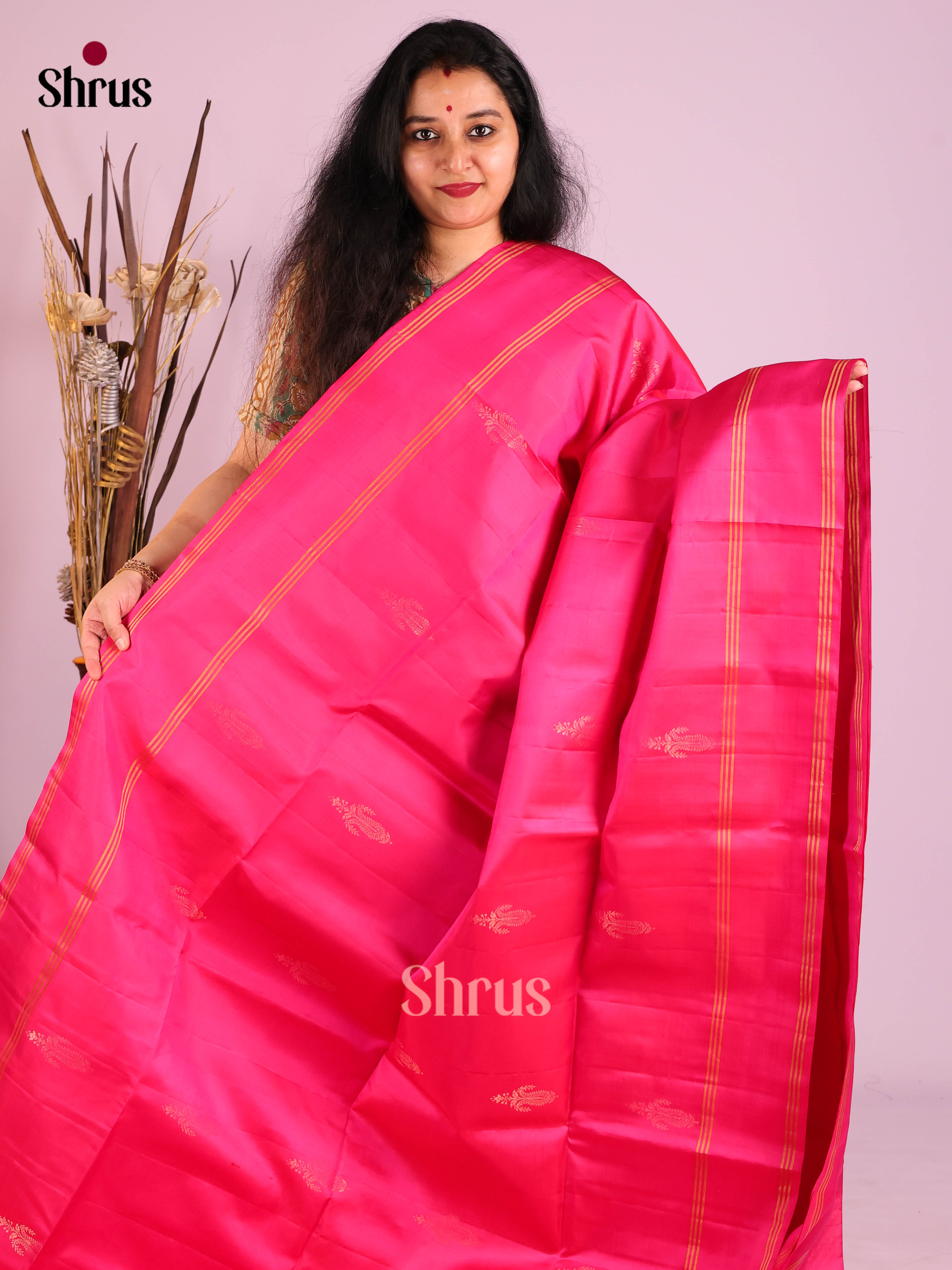 Timeless Pink Soft Silk Saree with gold floral motifs & Rettaipet Zari Border 1